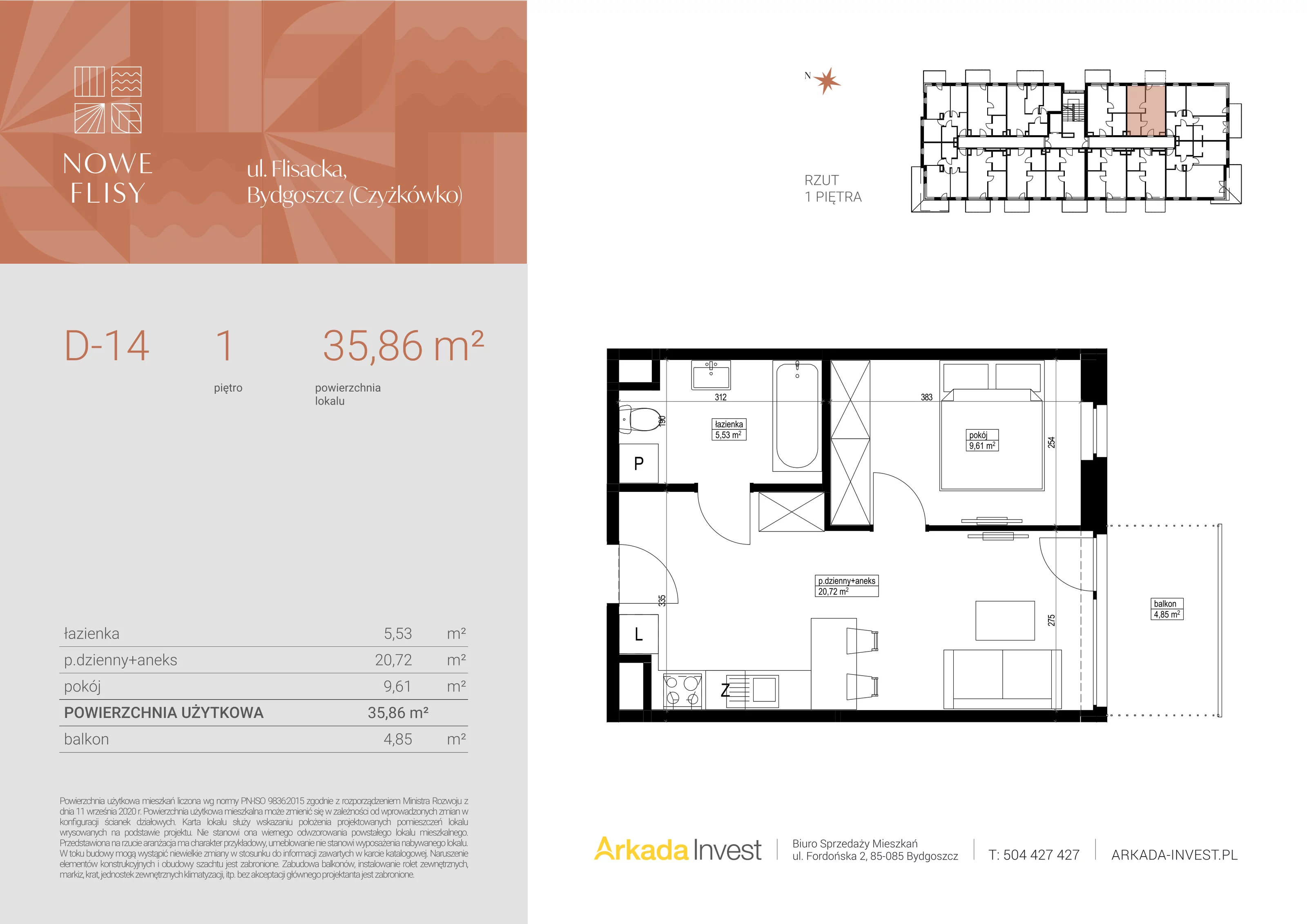 2 pokoje, mieszkanie 35,86 m², piętro 1, oferta nr D14, Nowe Flisy - Etap II, Bydgoszcz, Czyżkówko, ul. Flisacka