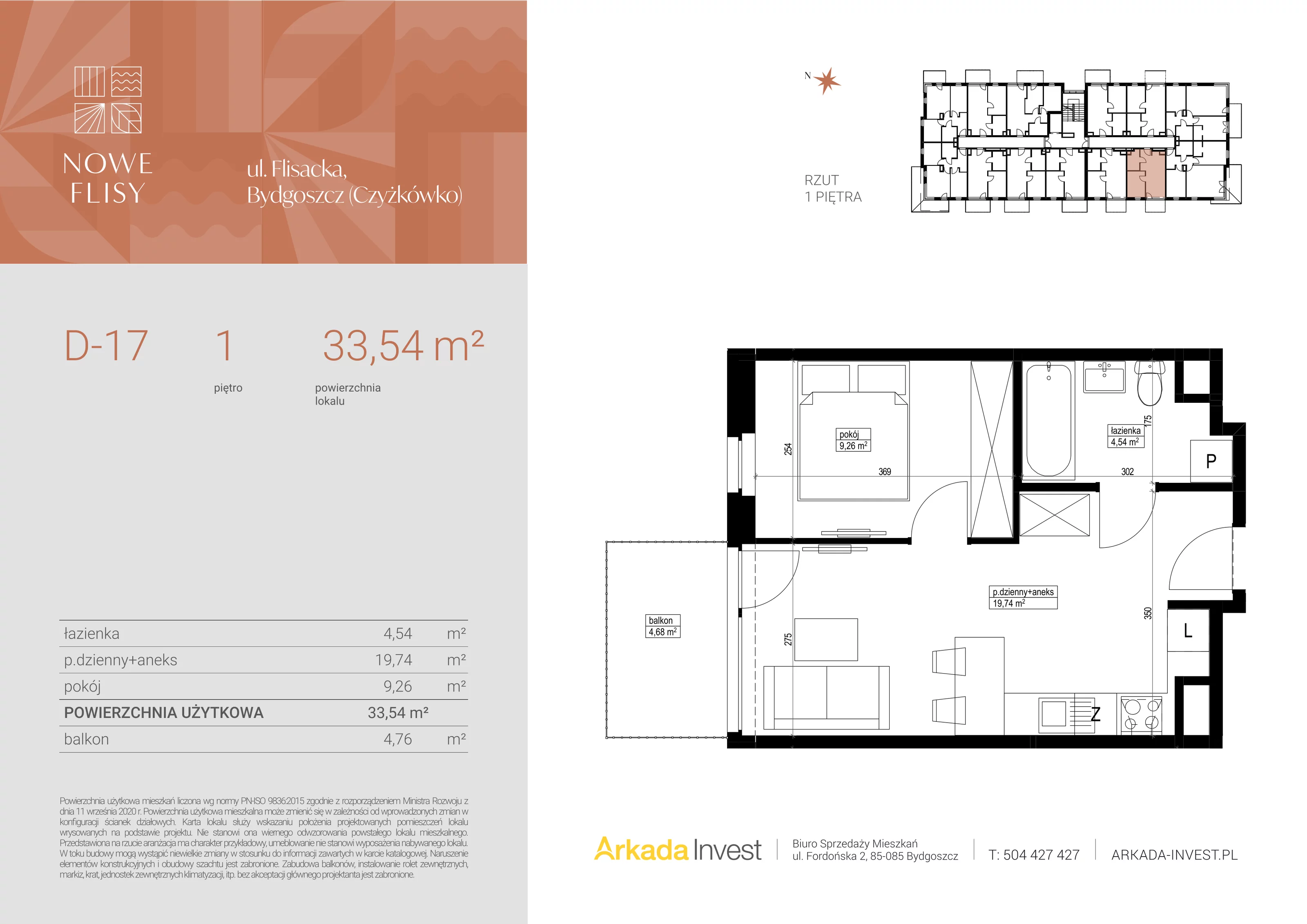 2 pokoje, mieszkanie 33,54 m², piętro 1, oferta nr D17, Nowe Flisy - Etap II, Bydgoszcz, Czyżkówko, ul. Flisacka