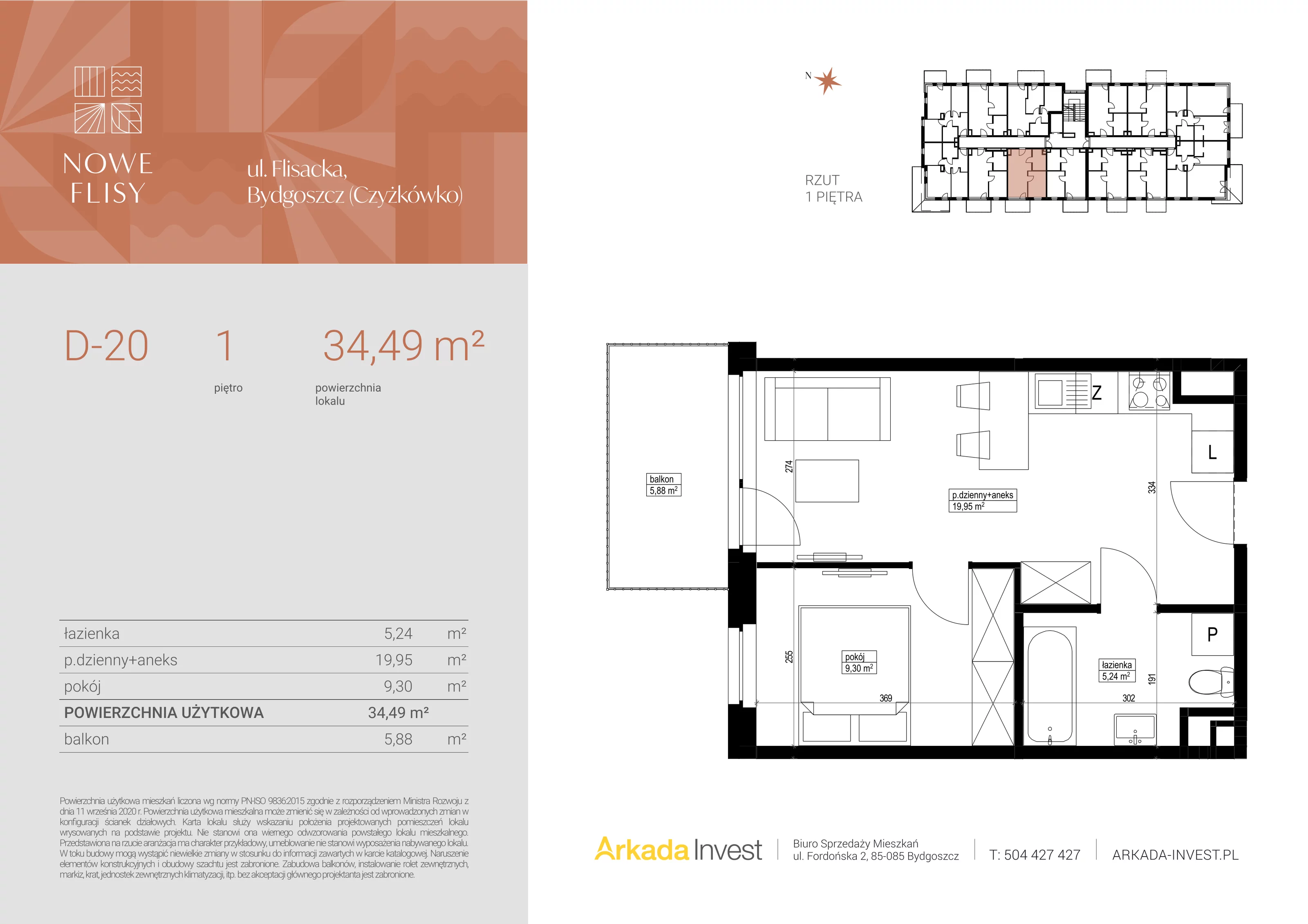 2 pokoje, mieszkanie 34,49 m², piętro 1, oferta nr D20, Nowe Flisy - Etap II, Bydgoszcz, Czyżkówko, ul. Flisacka