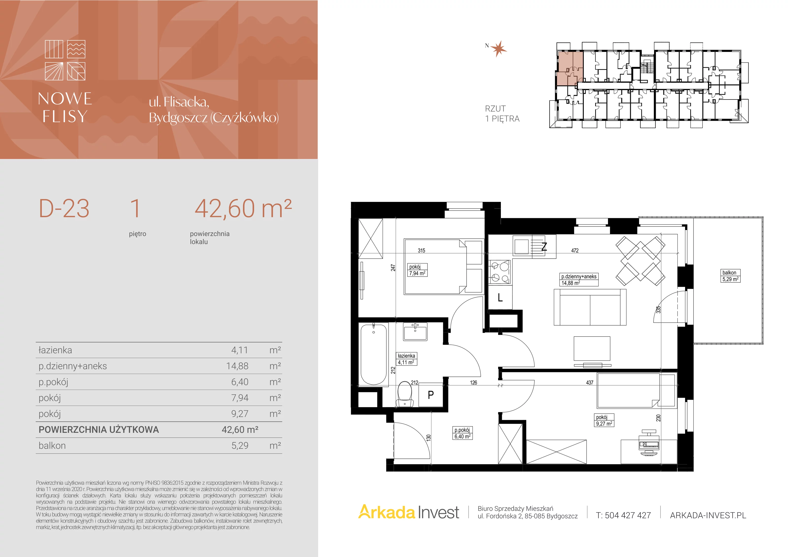 3 pokoje, mieszkanie 42,60 m², piętro 1, oferta nr D23, Nowe Flisy - Etap II, Bydgoszcz, Czyżkówko, ul. Flisacka