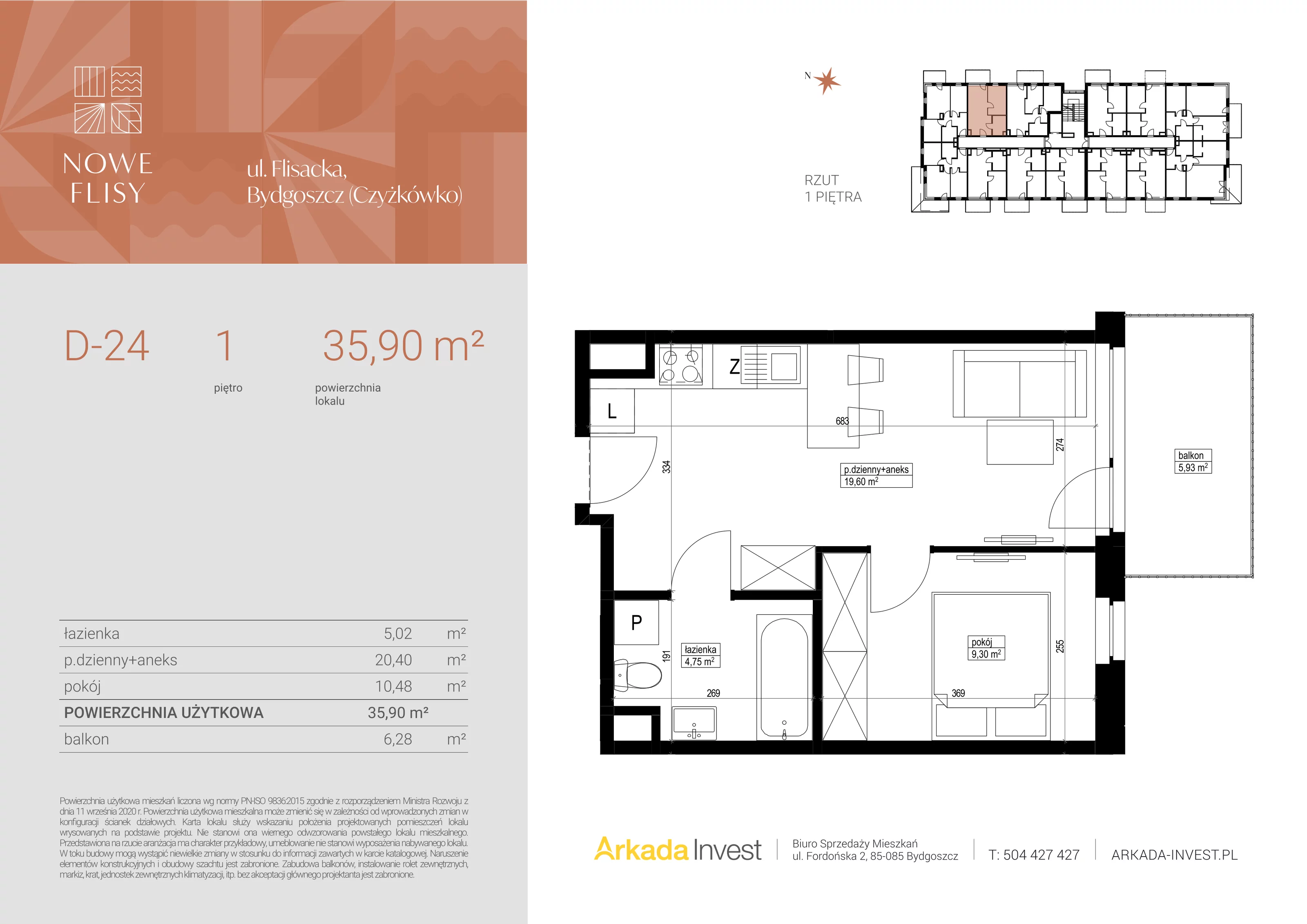 3 pokoje, mieszkanie 35,90 m², piętro 1, oferta nr D24, Nowe Flisy - Etap II, Bydgoszcz, Czyżkówko, ul. Flisacka