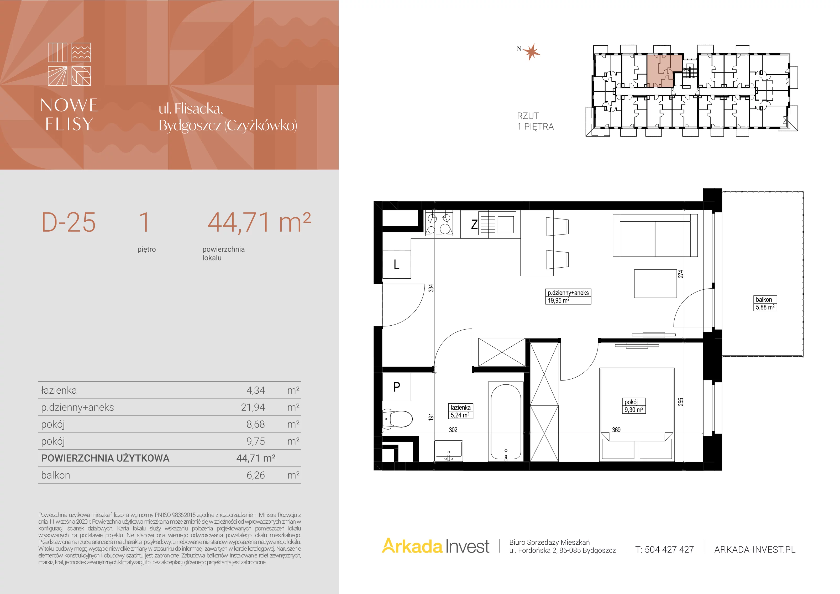 3 pokoje, mieszkanie 44,71 m², piętro 1, oferta nr D25, Nowe Flisy - Etap II, Bydgoszcz, Czyżkówko, ul. Flisacka