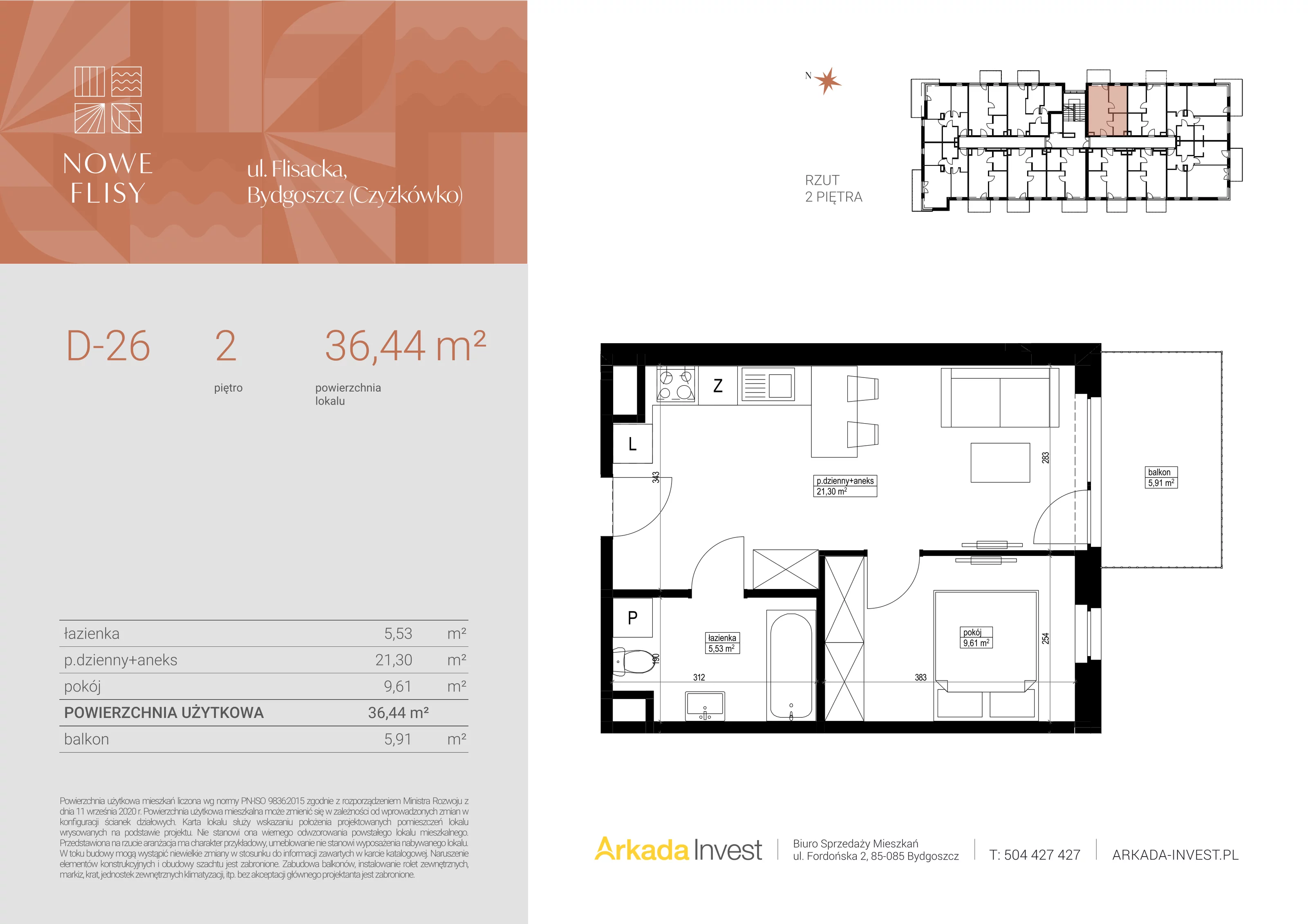 2 pokoje, mieszkanie 36,44 m², piętro 2, oferta nr D26, Nowe Flisy - Etap II, Bydgoszcz, Czyżkówko, ul. Flisacka