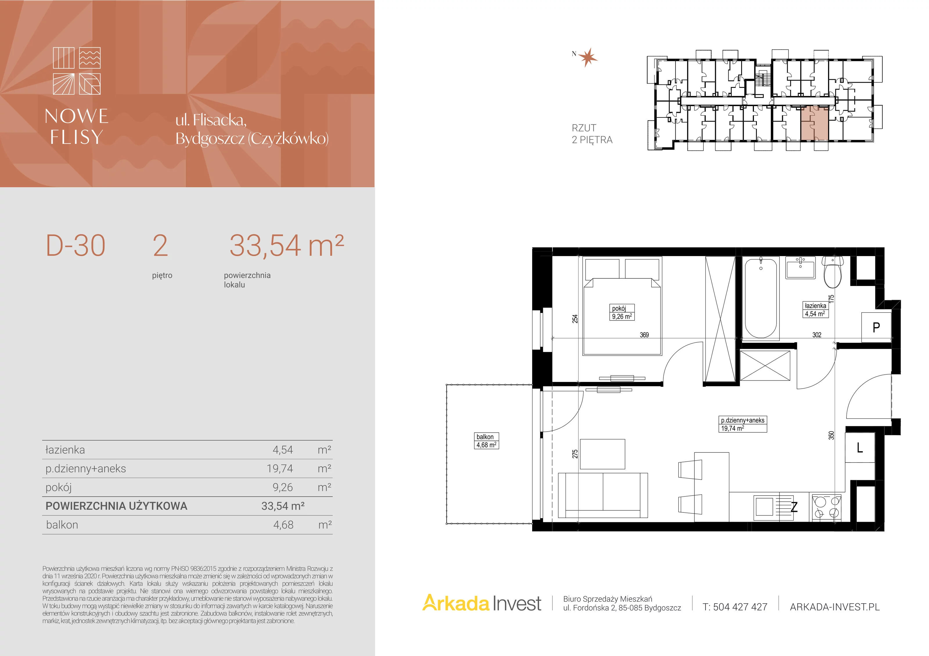 2 pokoje, mieszkanie 33,54 m², piętro 2, oferta nr D30, Nowe Flisy - Etap II, Bydgoszcz, Czyżkówko, ul. Flisacka