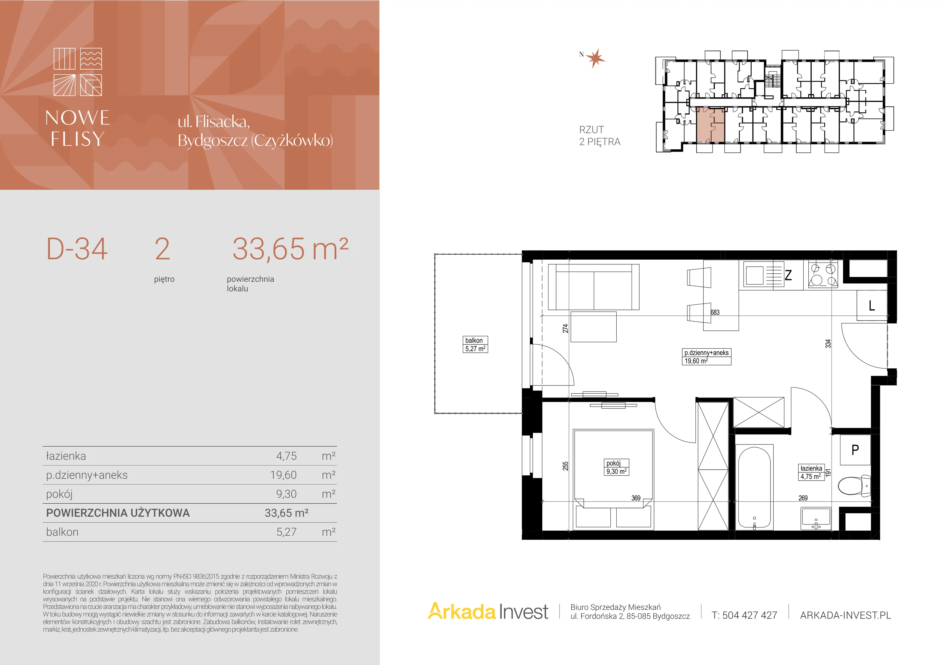2 pokoje, mieszkanie 33,65 m², piętro 2, oferta nr D34, Nowe Flisy - Etap II, Bydgoszcz, Czyżkówko, ul. Flisacka