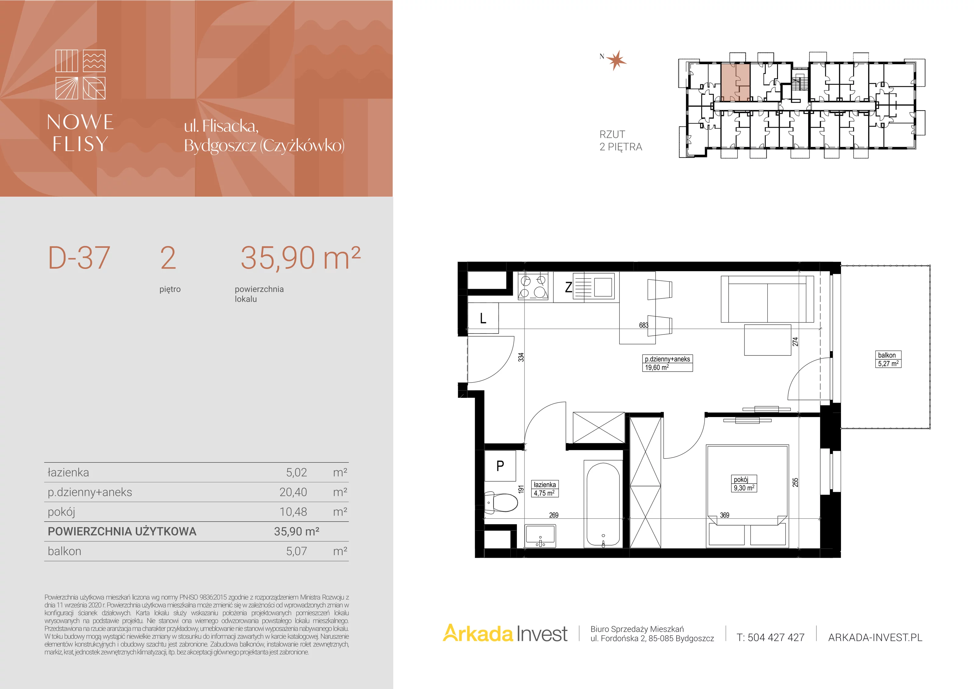 2 pokoje, mieszkanie 35,90 m², piętro 2, oferta nr D37, Nowe Flisy - Etap II, Bydgoszcz, Czyżkówko, ul. Flisacka