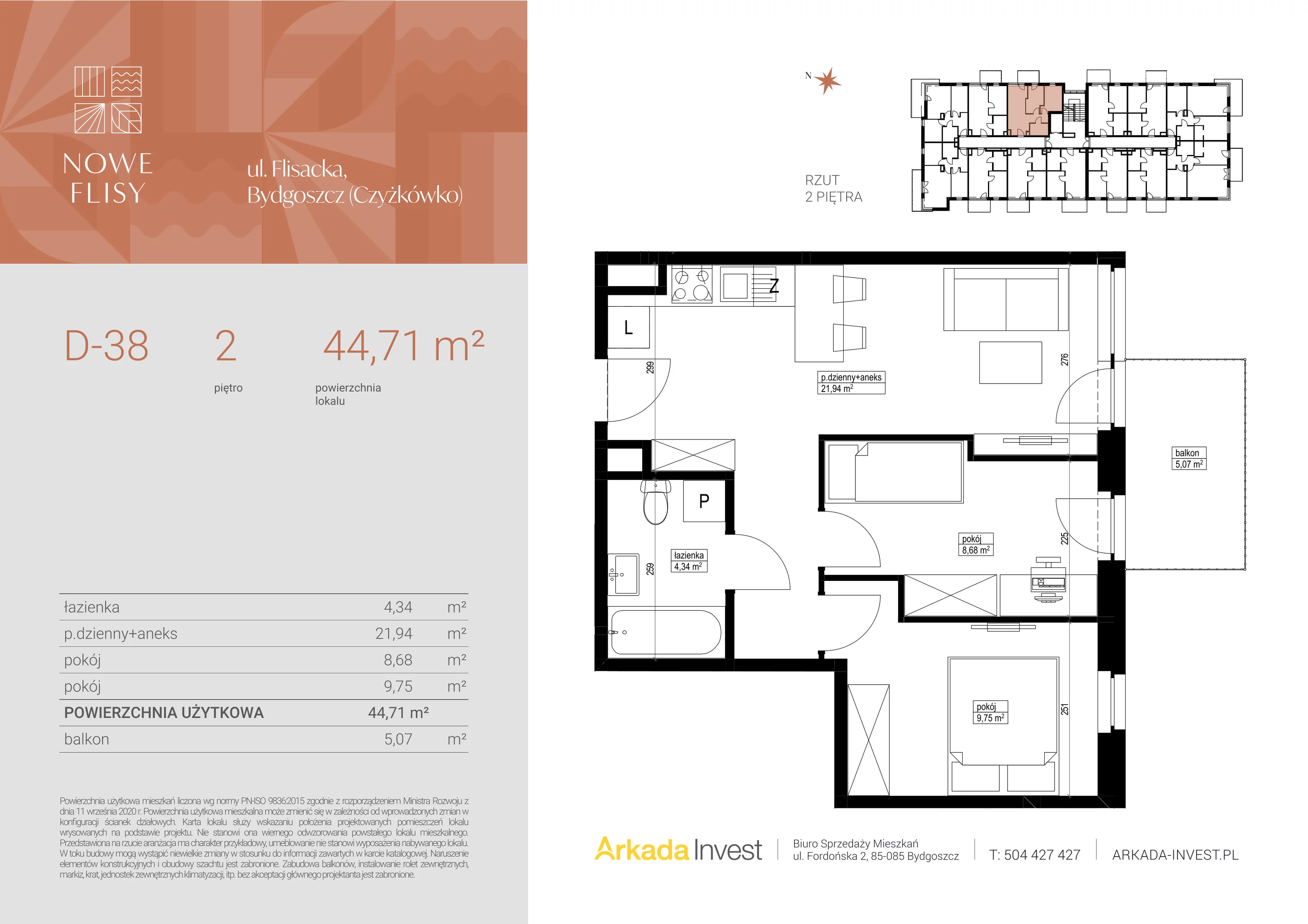 3 pokoje, mieszkanie 44,71 m², piętro 2, oferta nr D38, Nowe Flisy - Etap II, Bydgoszcz, Czyżkówko, ul. Flisacka