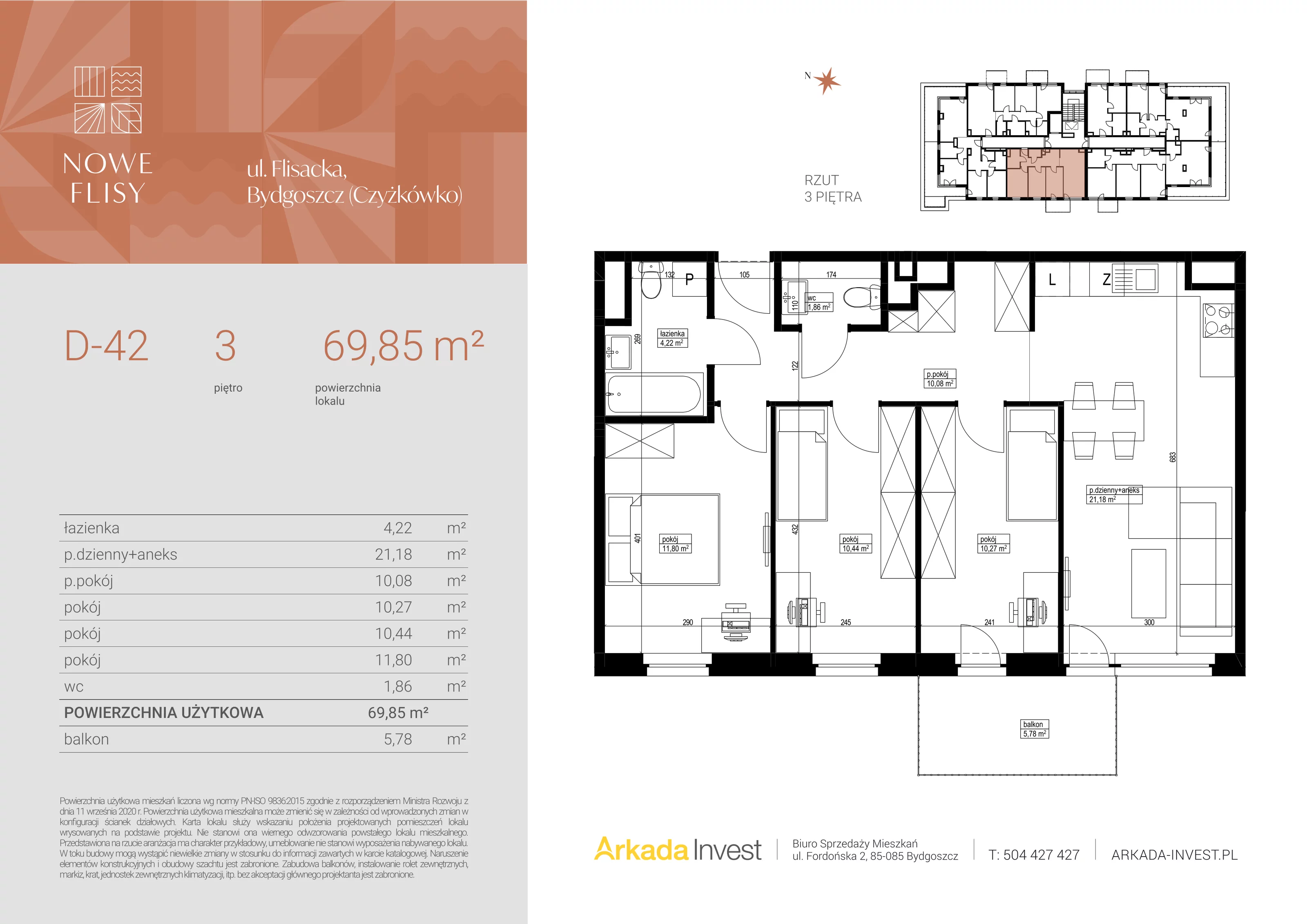4 pokoje, mieszkanie 69,85 m², piętro 3, oferta nr D42, Nowe Flisy - Etap II, Bydgoszcz, Czyżkówko, ul. Flisacka