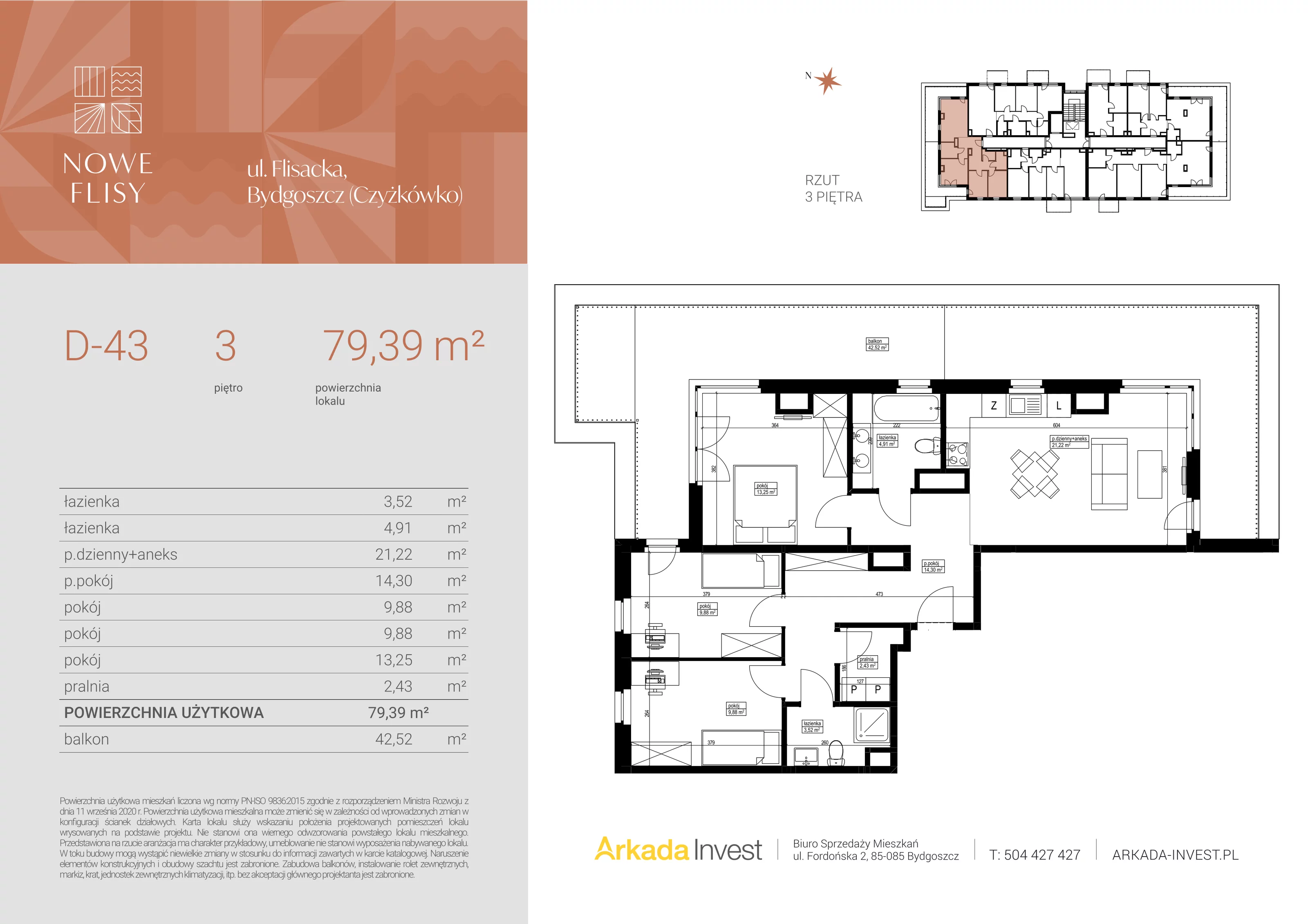 4 pokoje, mieszkanie 79,39 m², piętro 3, oferta nr D43, Nowe Flisy - Etap II, Bydgoszcz, Czyżkówko, ul. Flisacka