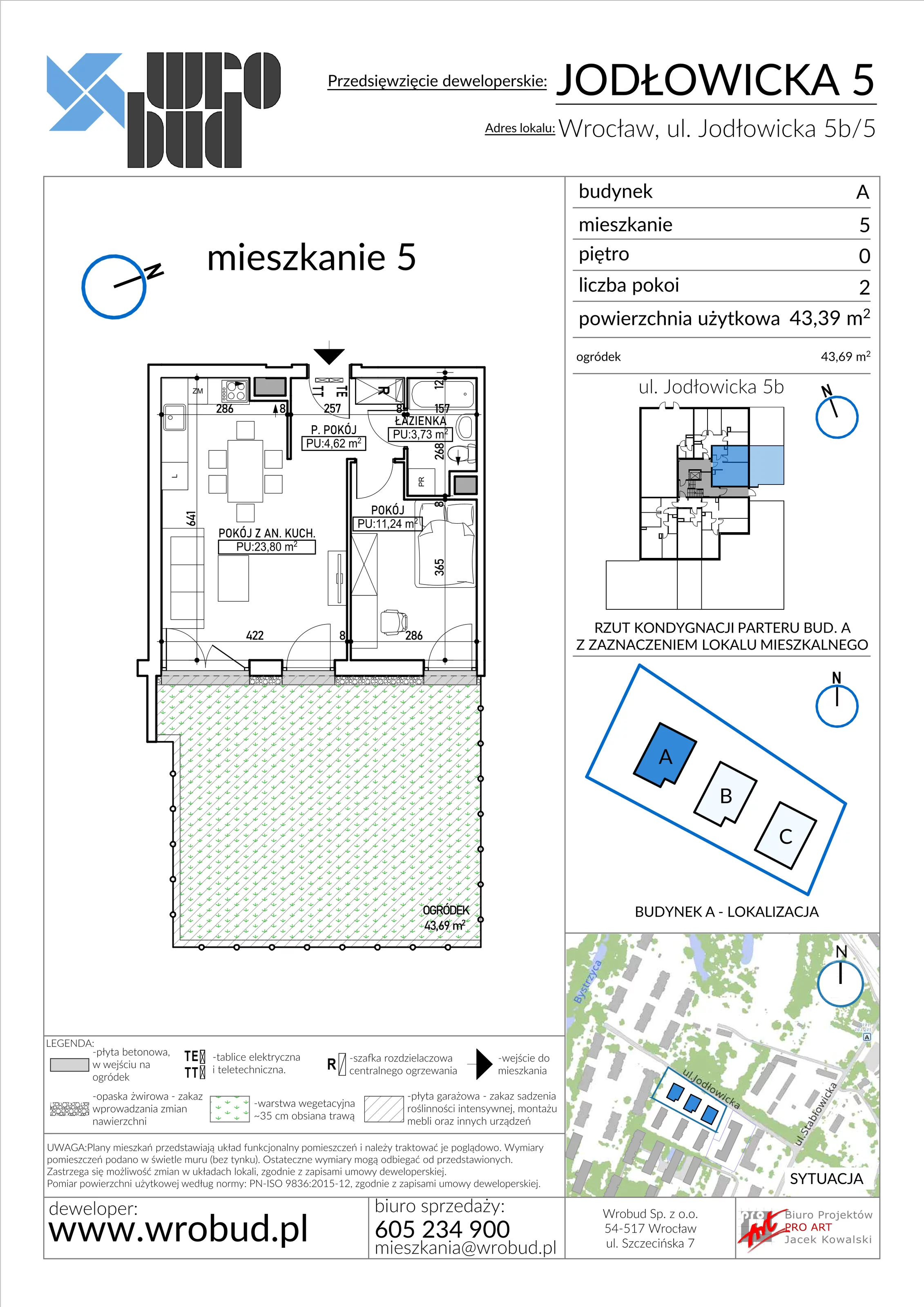 Mieszkanie 43,39 m², parter, oferta nr A5, Jodłowicka 5, Wrocław, Maślice, Stabłowice, ul. Jodłowicka 5