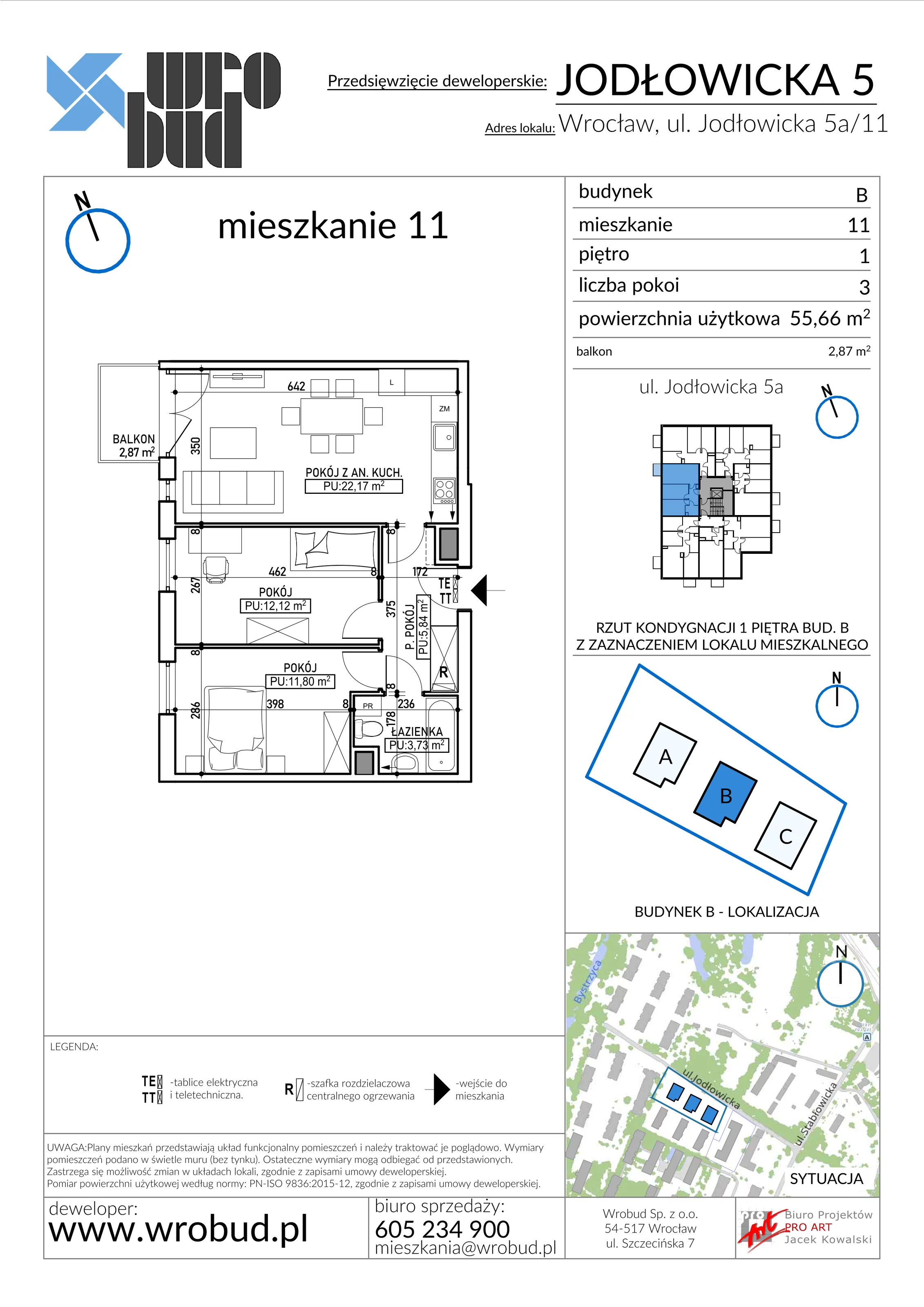 Mieszkanie 55,66 m², piętro 1, oferta nr B11, Jodłowicka 5, Wrocław, Maślice, Stabłowice, ul. Jodłowicka 5