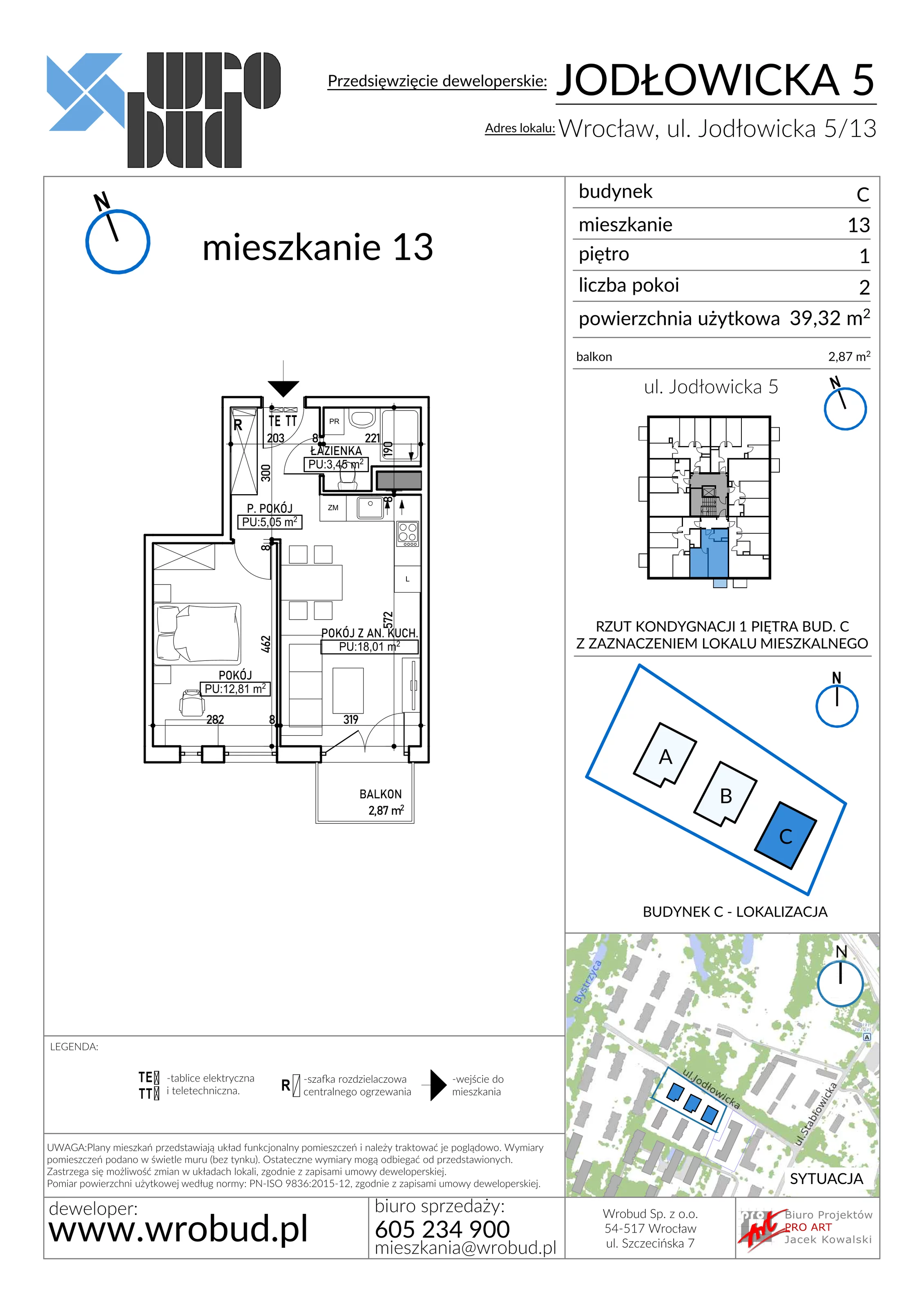 Mieszkanie 39,32 m², piętro 1, oferta nr C13, Jodłowicka 5, Wrocław, Maślice, Stabłowice, ul. Jodłowicka 5