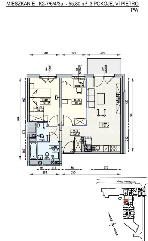 Mieszkanie na sprzedaż, 55,80 m², 3 pokoje, 6 piętro, oferta nr 19075/4112/OMS