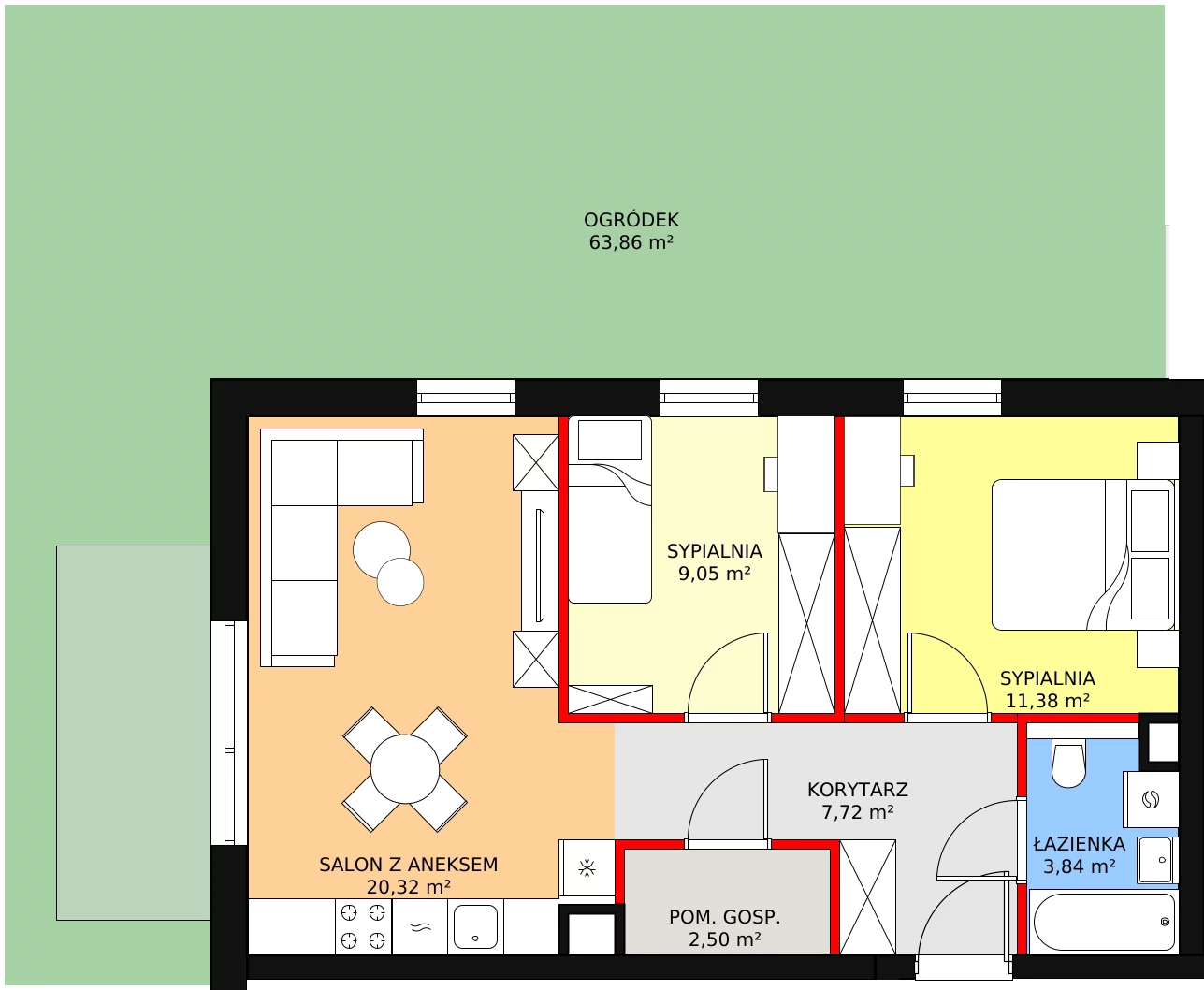 Mieszkanie 55,09 m², parter, oferta nr B2.02, Antares, Pruszcz Gdański, ul. Wenedy