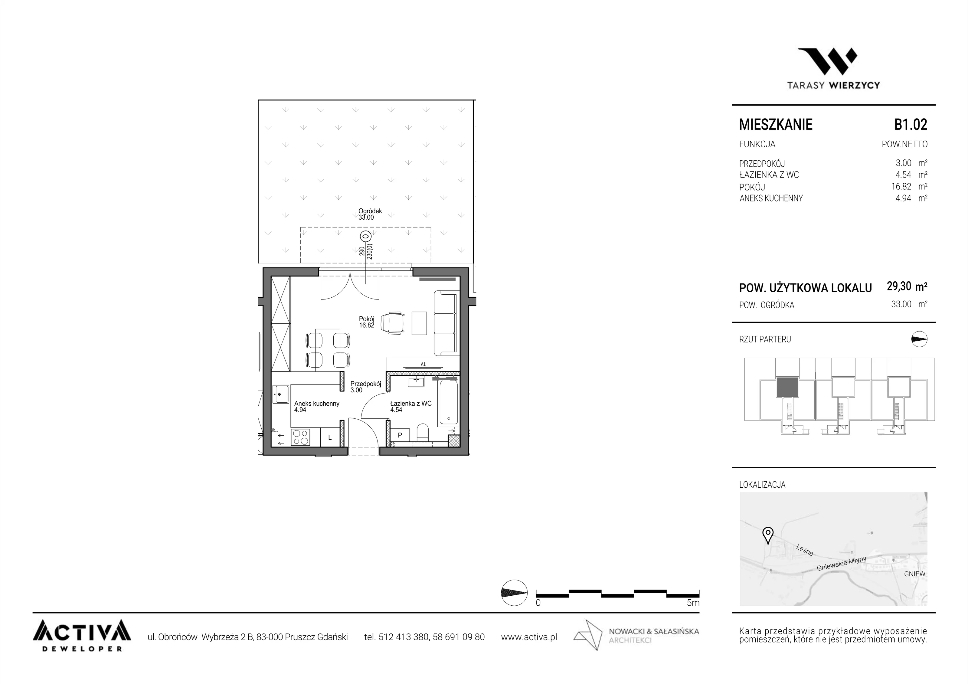 1 pokój, mieszkanie 29,30 m², parter, oferta nr B1.02, Tarasy Wierzycy, Gniew, ul. Leśna