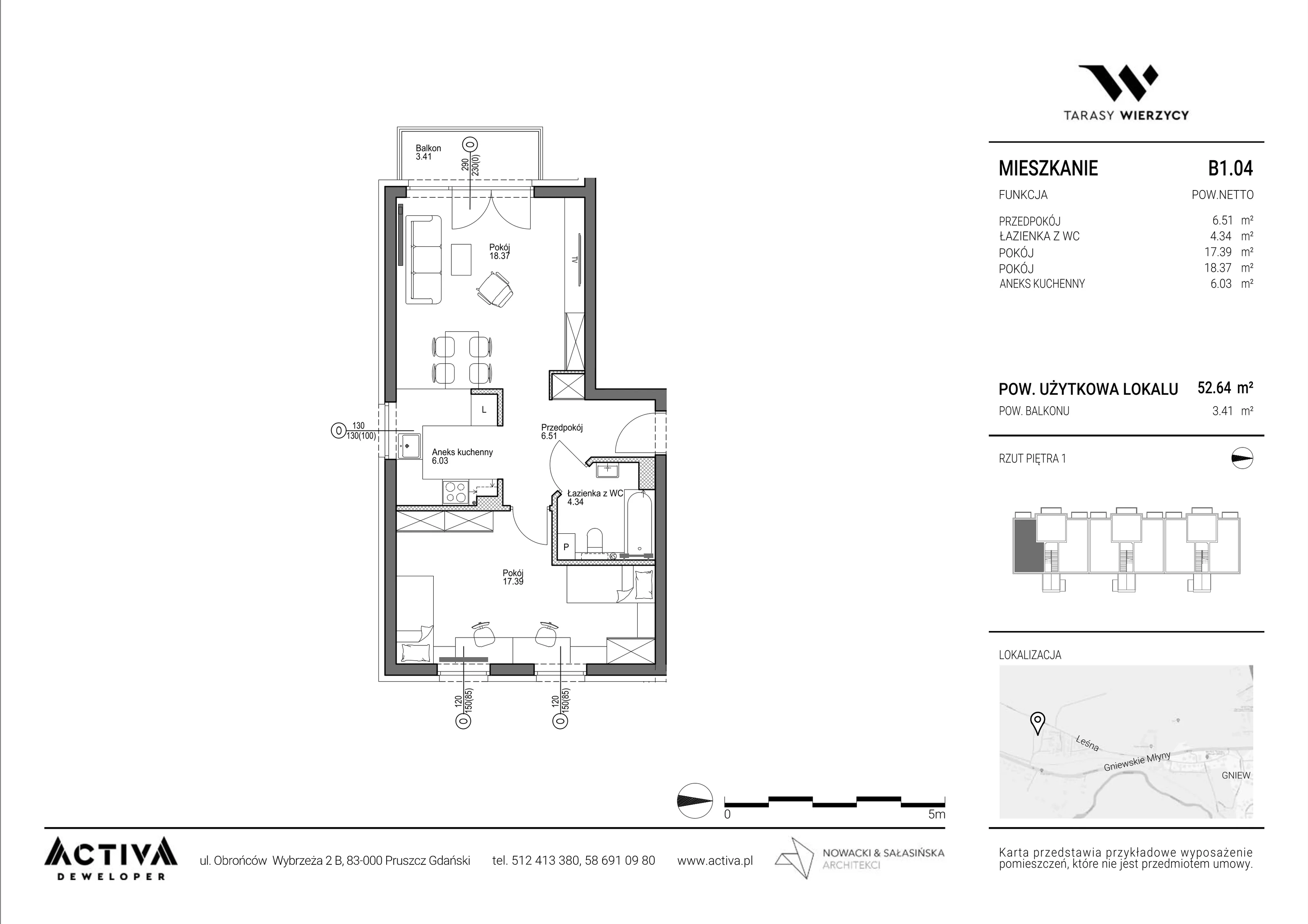 2 pokoje, mieszkanie 52,64 m², piętro 1, oferta nr B1.04, Tarasy Wierzycy, Gniew, ul. Leśna