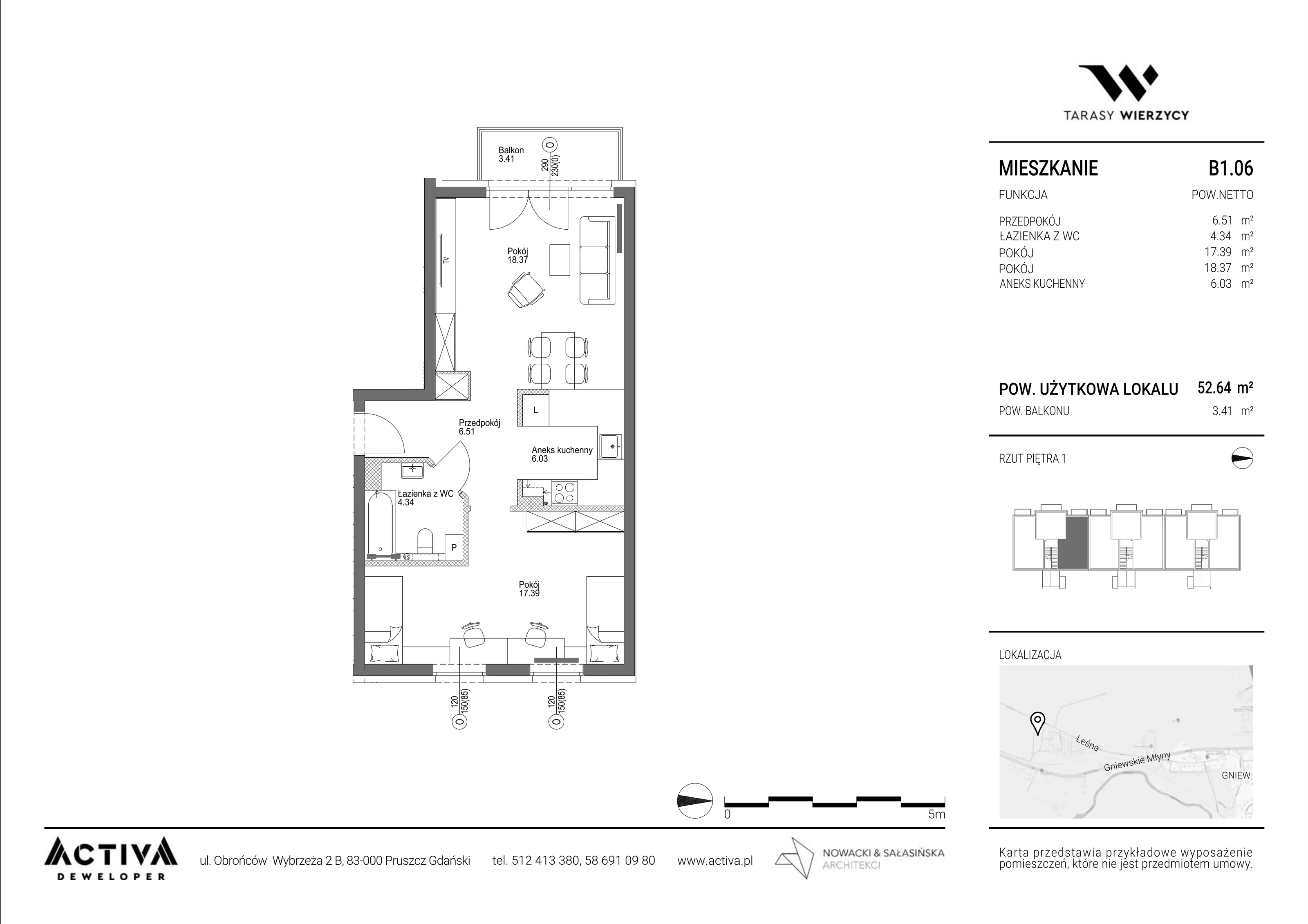 2 pokoje, mieszkanie 52,64 m², piętro 1, oferta nr B1.06, Tarasy Wierzycy, Gniew, ul. Leśna