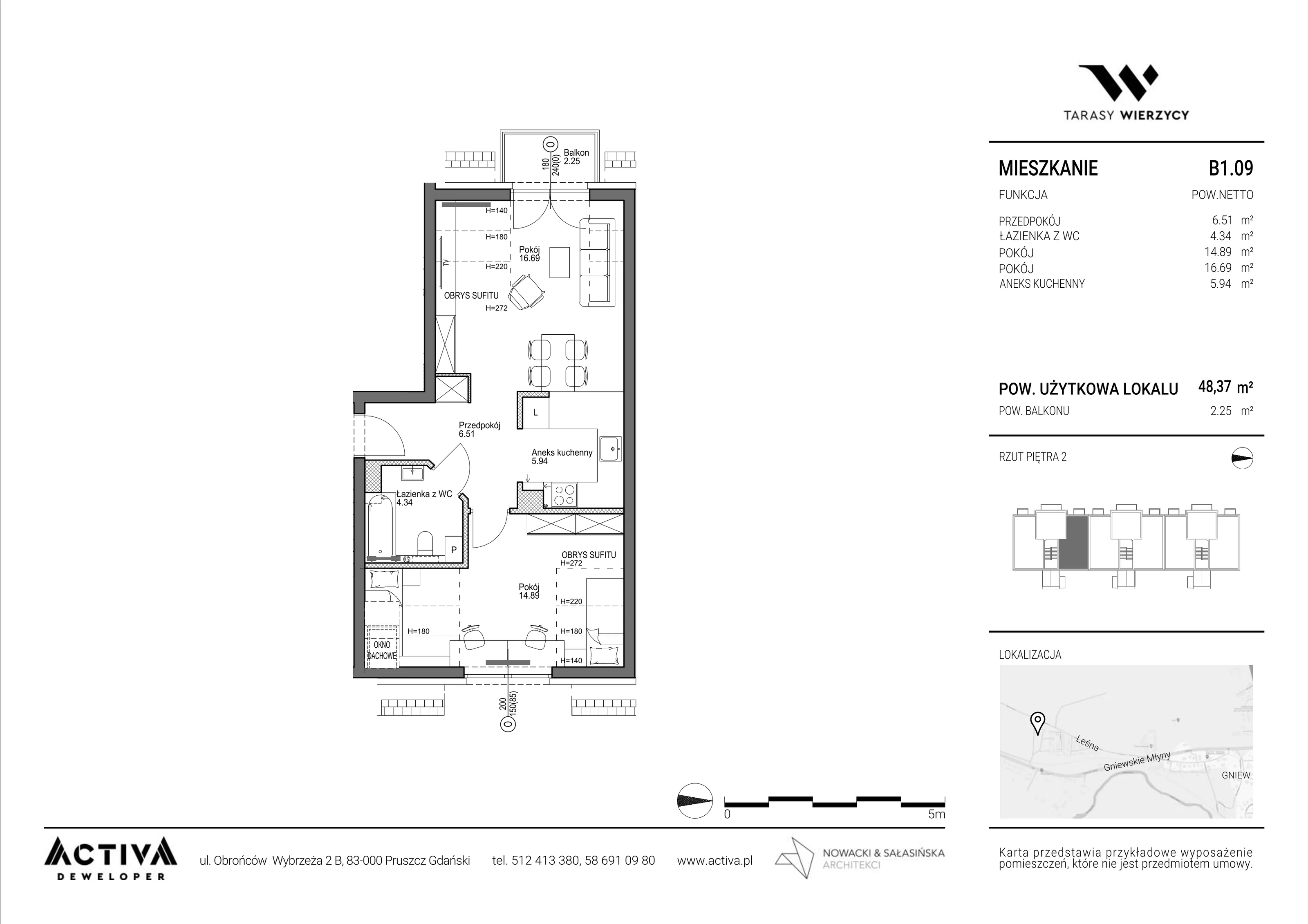 2 pokoje, mieszkanie 48,37 m², piętro 2, oferta nr B1.09, Tarasy Wierzycy, Gniew, ul. Leśna