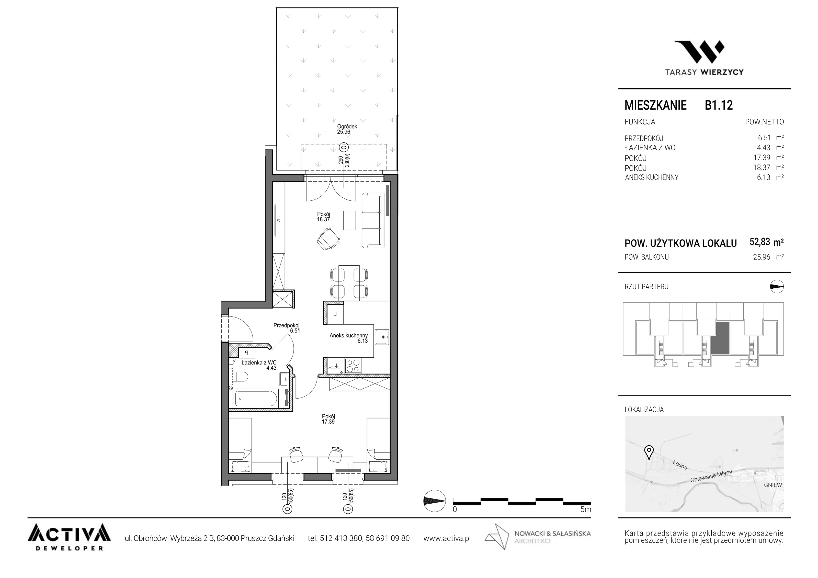 2 pokoje, mieszkanie 52,83 m², parter, oferta nr B1.12, Tarasy Wierzycy, Gniew, ul. Leśna