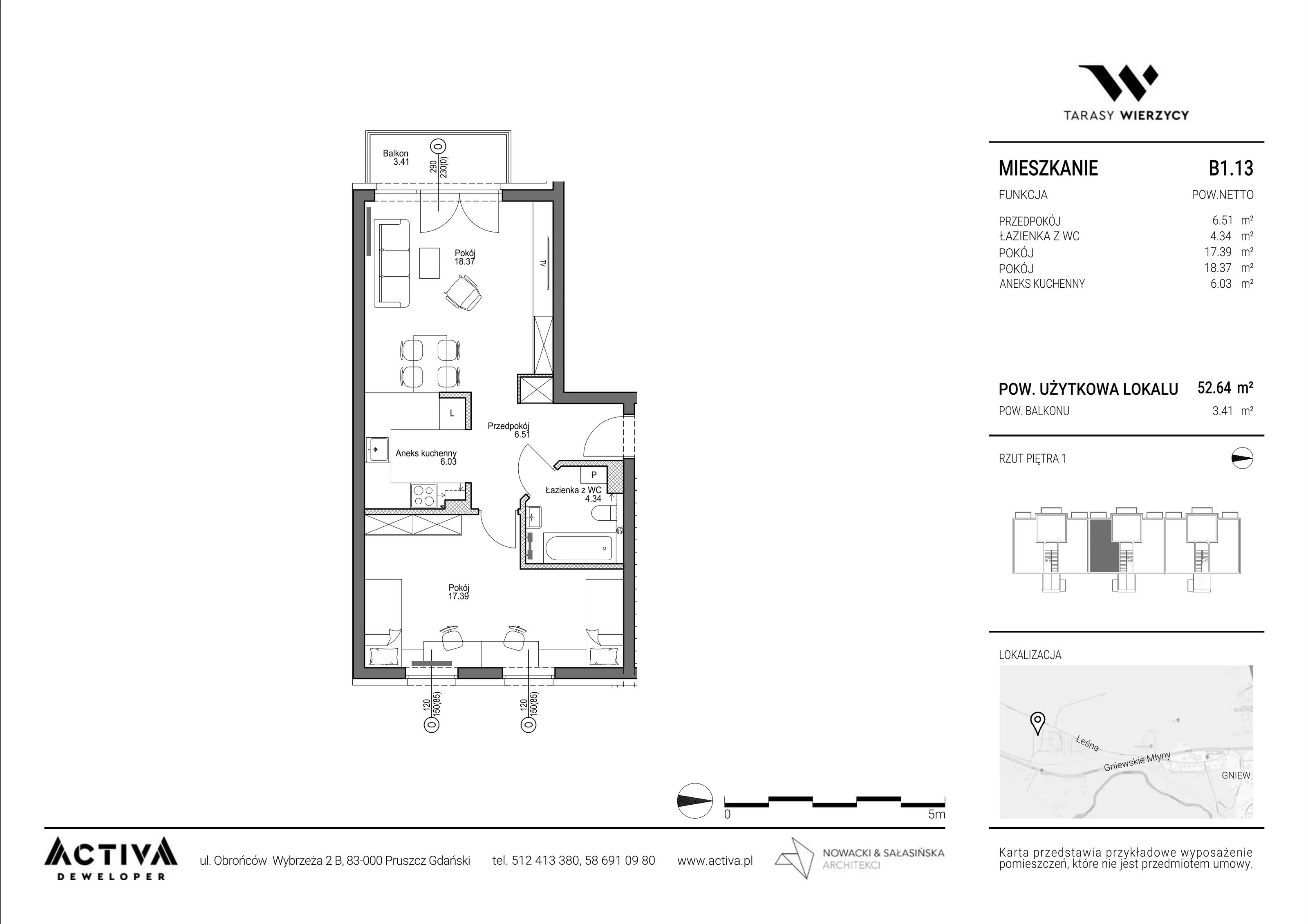 2 pokoje, mieszkanie 52,64 m², piętro 1, oferta nr B1.13, Tarasy Wierzycy, Gniew, ul. Leśna