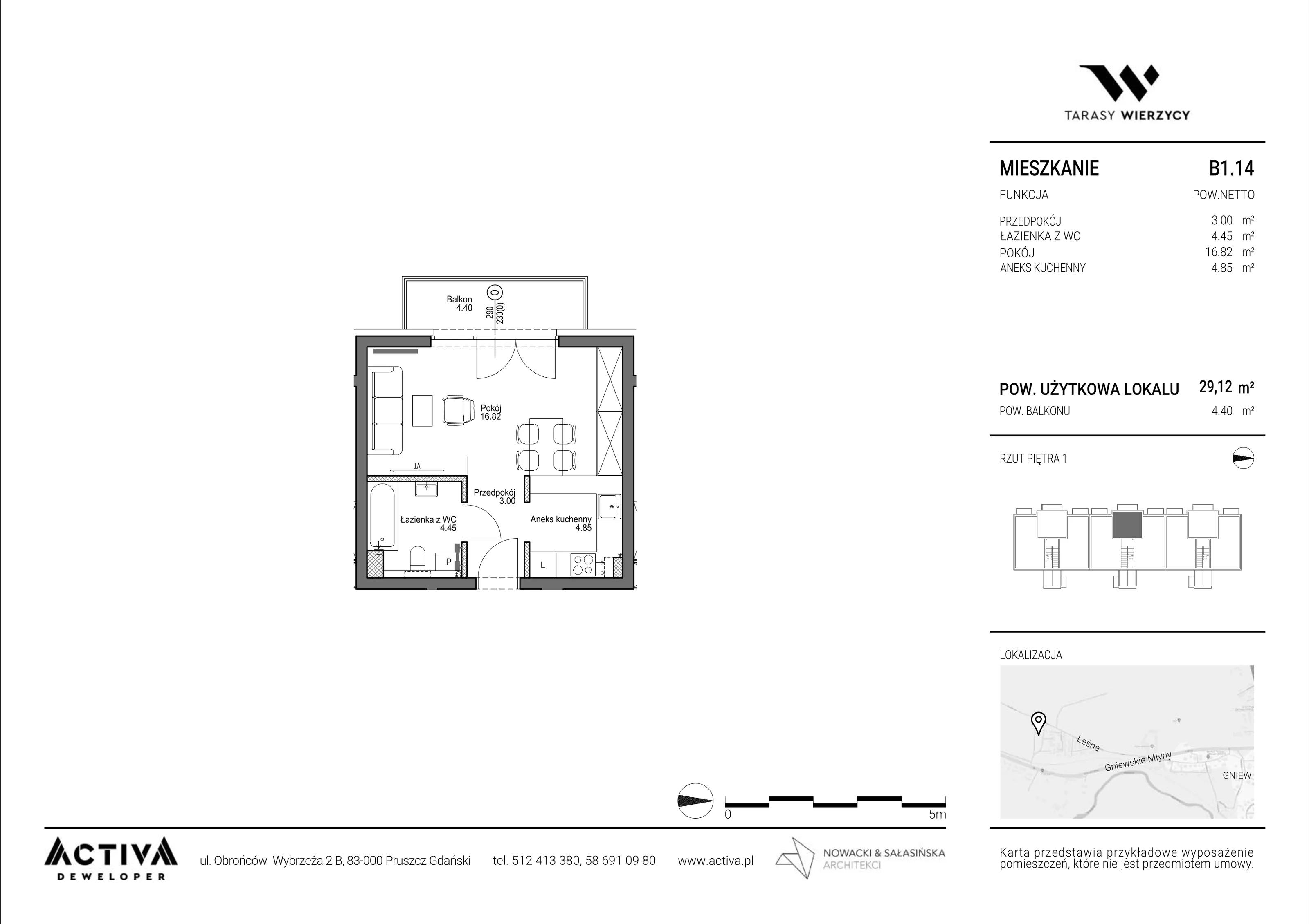 1 pokój, mieszkanie 29,12 m², piętro 1, oferta nr B1.14, Tarasy Wierzycy, Gniew, ul. Leśna