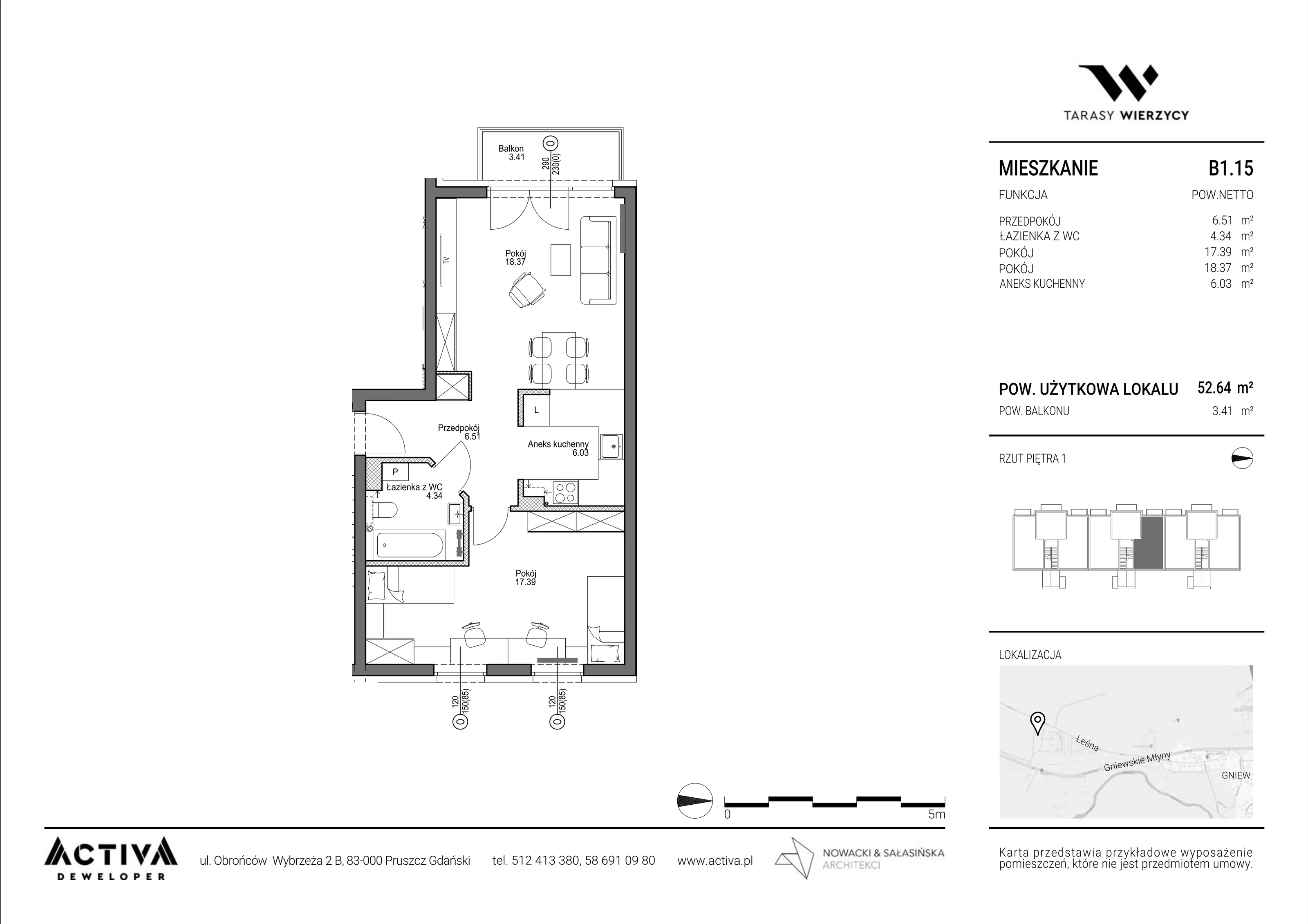 2 pokoje, mieszkanie 52,64 m², piętro 1, oferta nr B1.15, Tarasy Wierzycy, Gniew, ul. Leśna