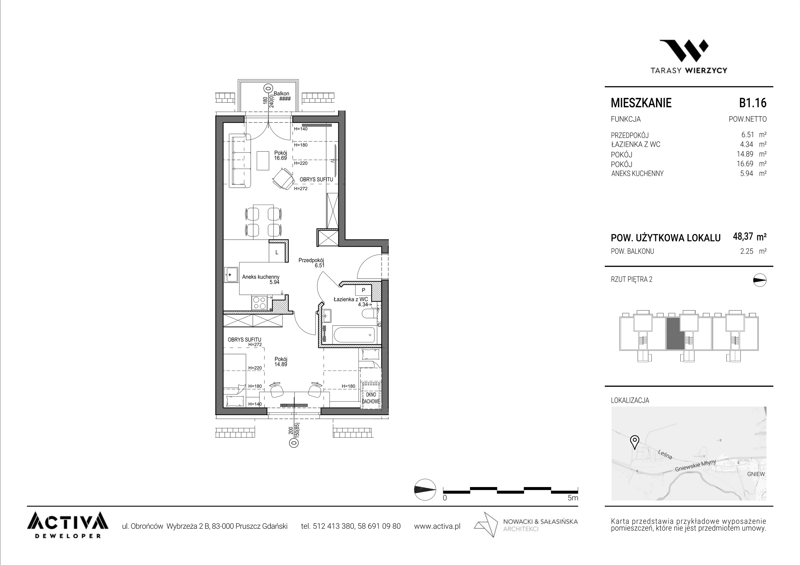 2 pokoje, mieszkanie 48,37 m², piętro 2, oferta nr B1.16, Tarasy Wierzycy, Gniew, ul. Leśna