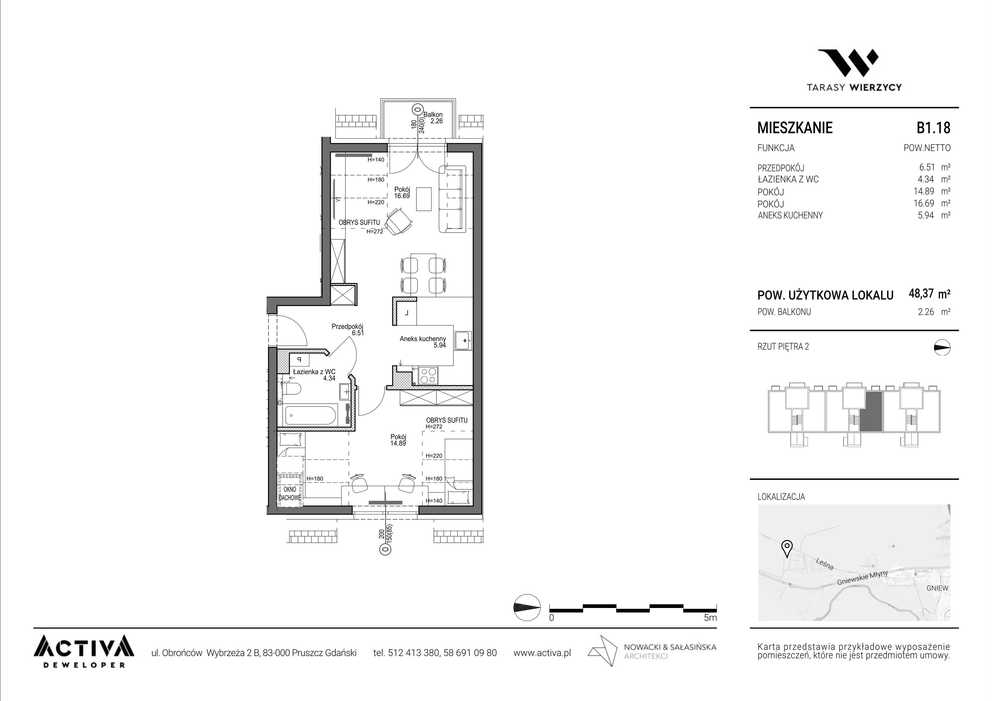 2 pokoje, mieszkanie 48,37 m², piętro 2, oferta nr B1.18, Tarasy Wierzycy, Gniew, ul. Leśna