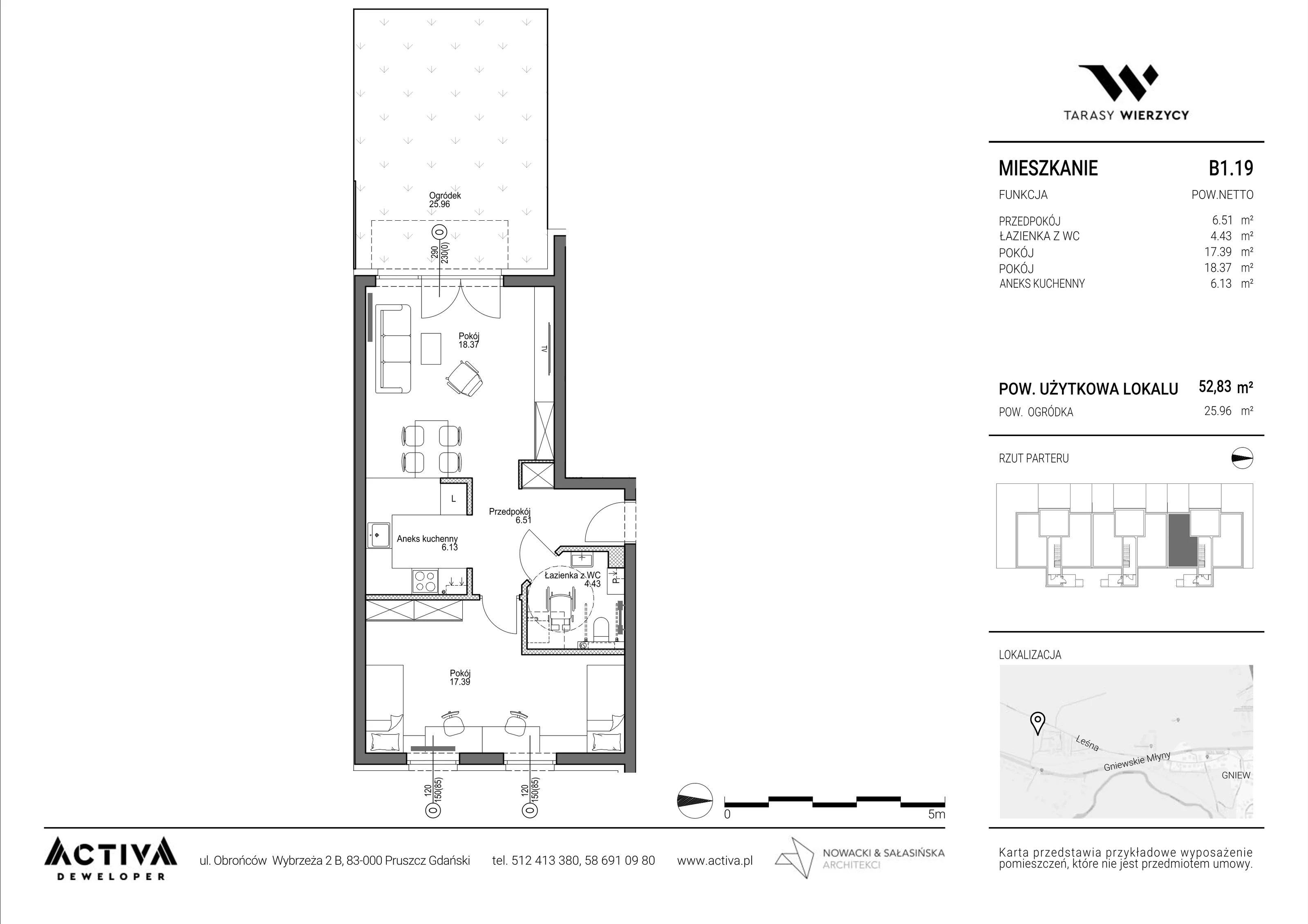 2 pokoje, mieszkanie 52,83 m², parter, oferta nr B1.19, Tarasy Wierzycy, Gniew, ul. Leśna