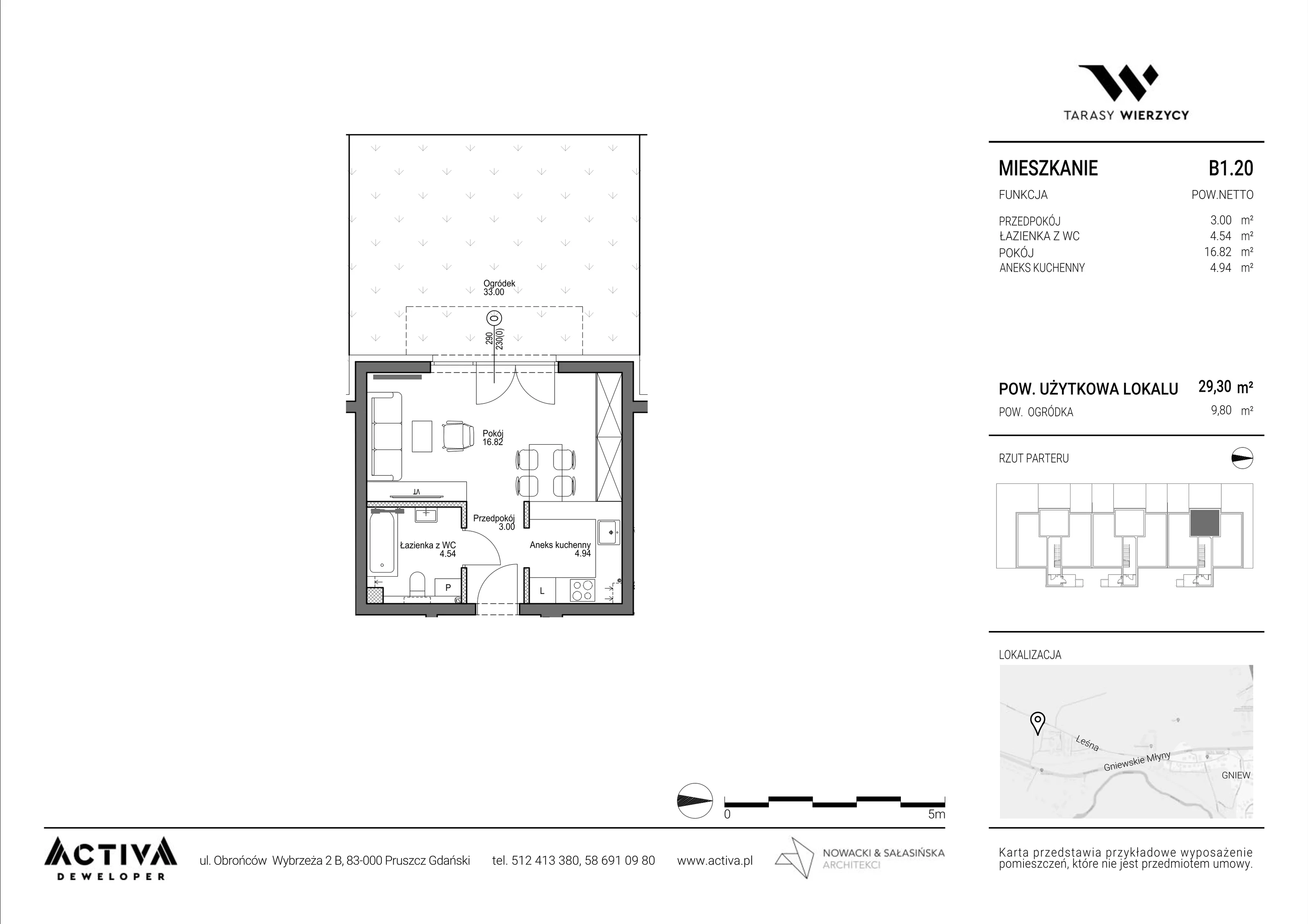 1 pokój, mieszkanie 29,30 m², parter, oferta nr B1.20, Tarasy Wierzycy, Gniew, ul. Leśna