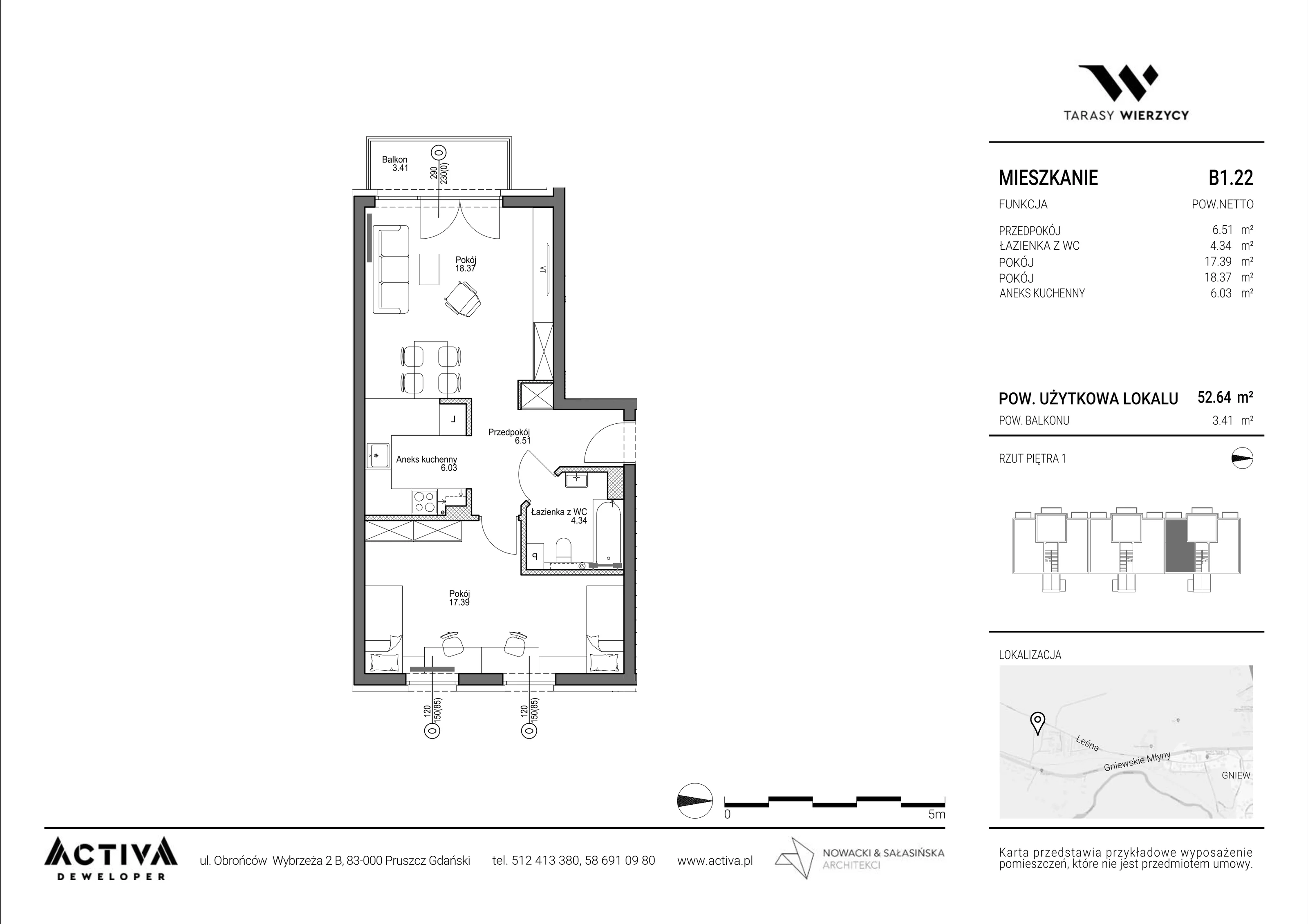 2 pokoje, mieszkanie 52,64 m², piętro 1, oferta nr B1.22, Tarasy Wierzycy, Gniew, ul. Leśna