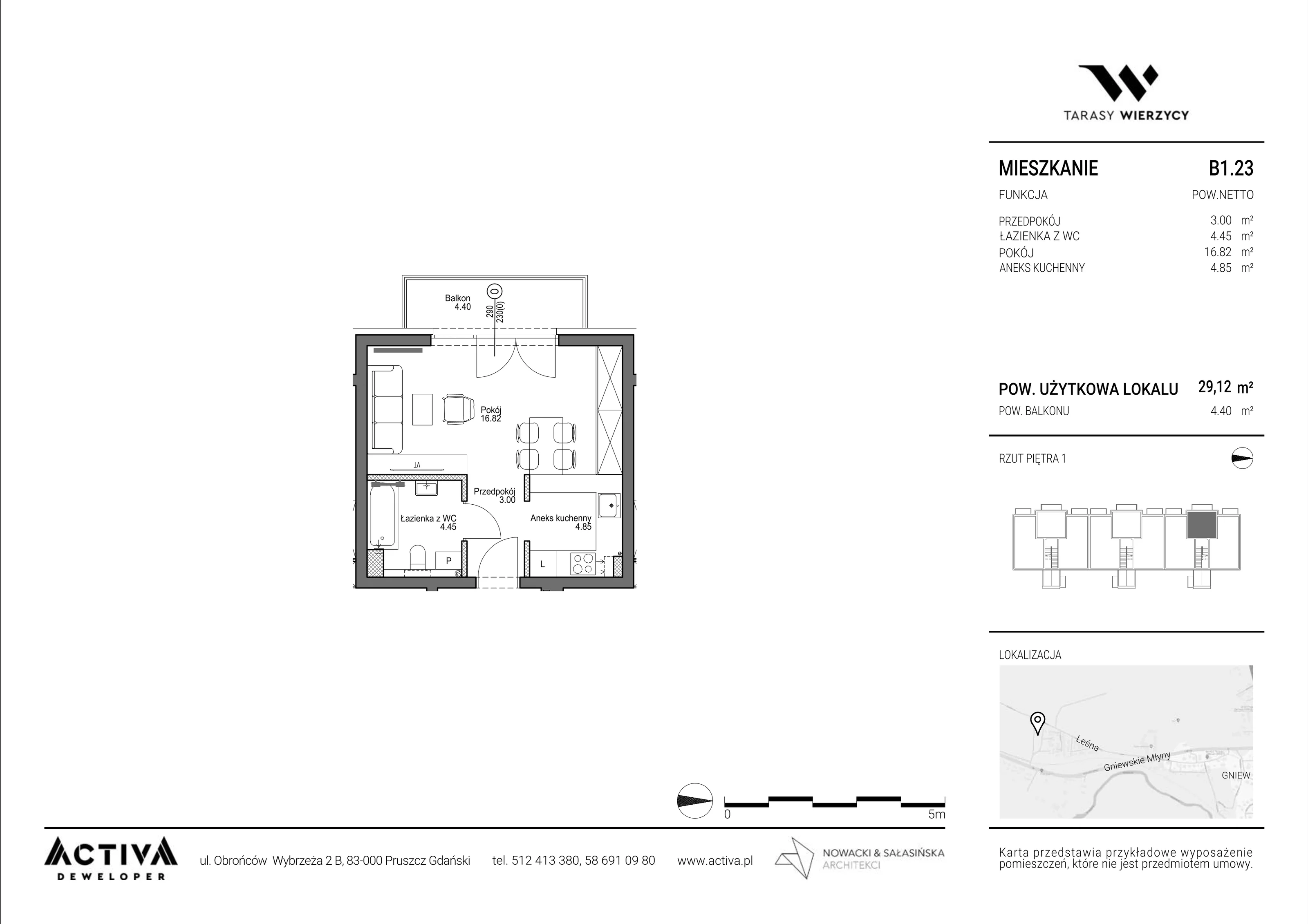 1 pokój, mieszkanie 29,12 m², piętro 1, oferta nr B1.23, Tarasy Wierzycy, Gniew, ul. Leśna