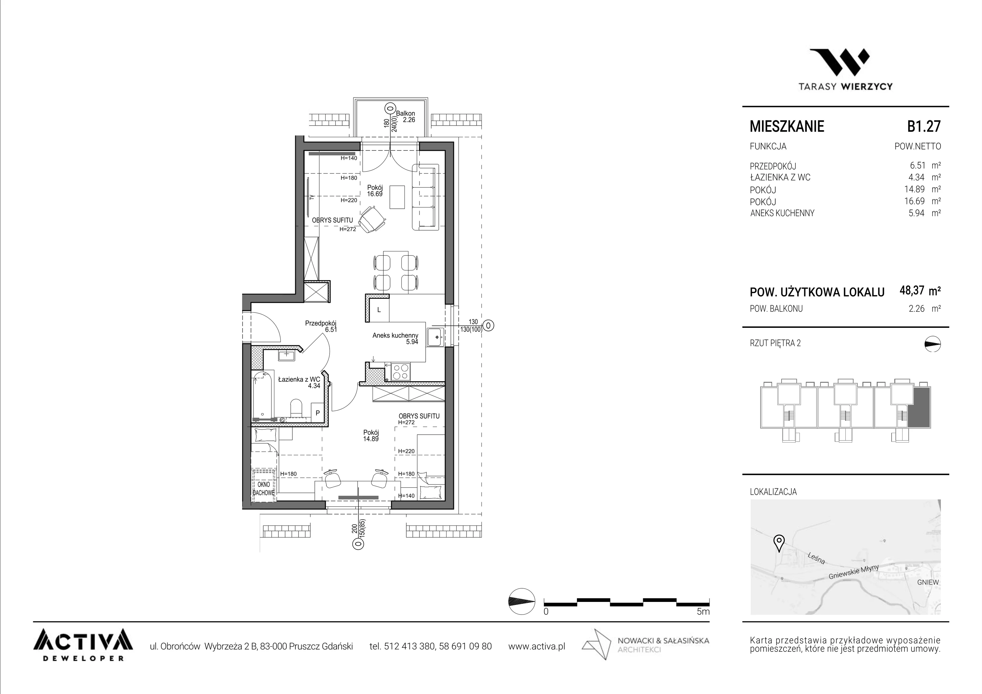 2 pokoje, mieszkanie 48,37 m², piętro 2, oferta nr B1.27, Tarasy Wierzycy, Gniew, ul. Leśna
