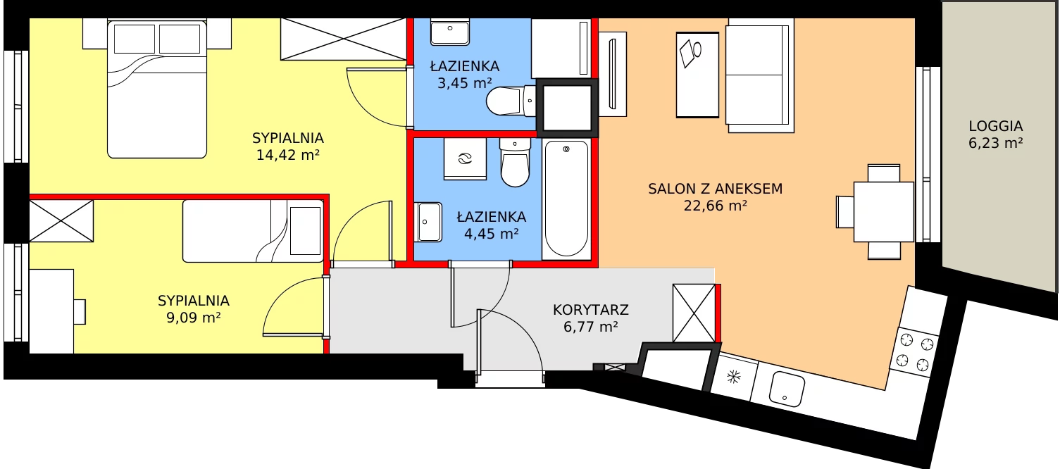 Zalety mieszkania 61.61 m², 11B037