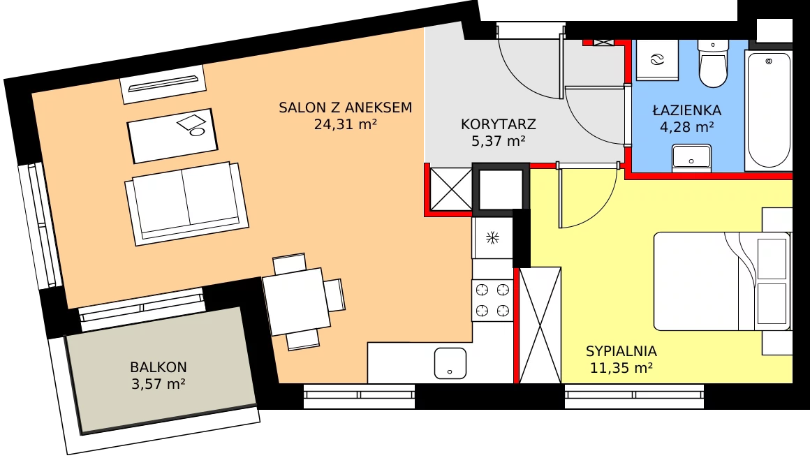 Zalety mieszkania 45.68 m², 7B123