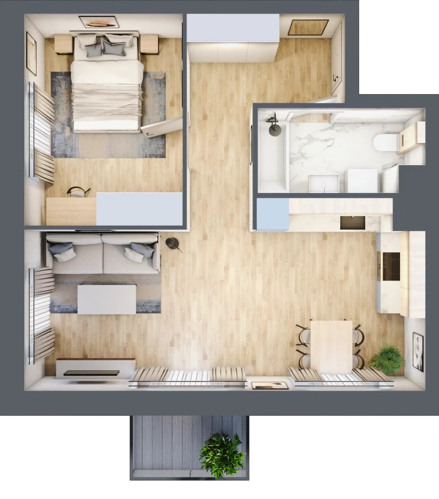 2 pokoje, mieszkanie 48,67 m², piętro 1, oferta nr E02, Osiedle Startowe, Wrocław, Psie Pole-Zawidawie, Zakrzów, ul. Zatorska / al. Sobieskiego