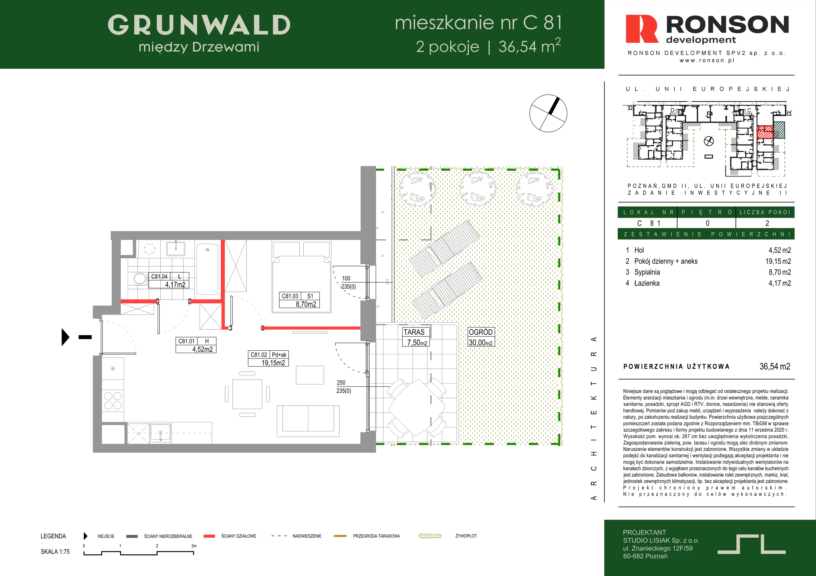 2 pokoje, mieszkanie 36,54 m², parter, oferta nr C081, Grunwald Między Drzewami 3, Poznań, Grunwald, Grunwald Południe, ul. Unii Europejskiej / Smardzewska