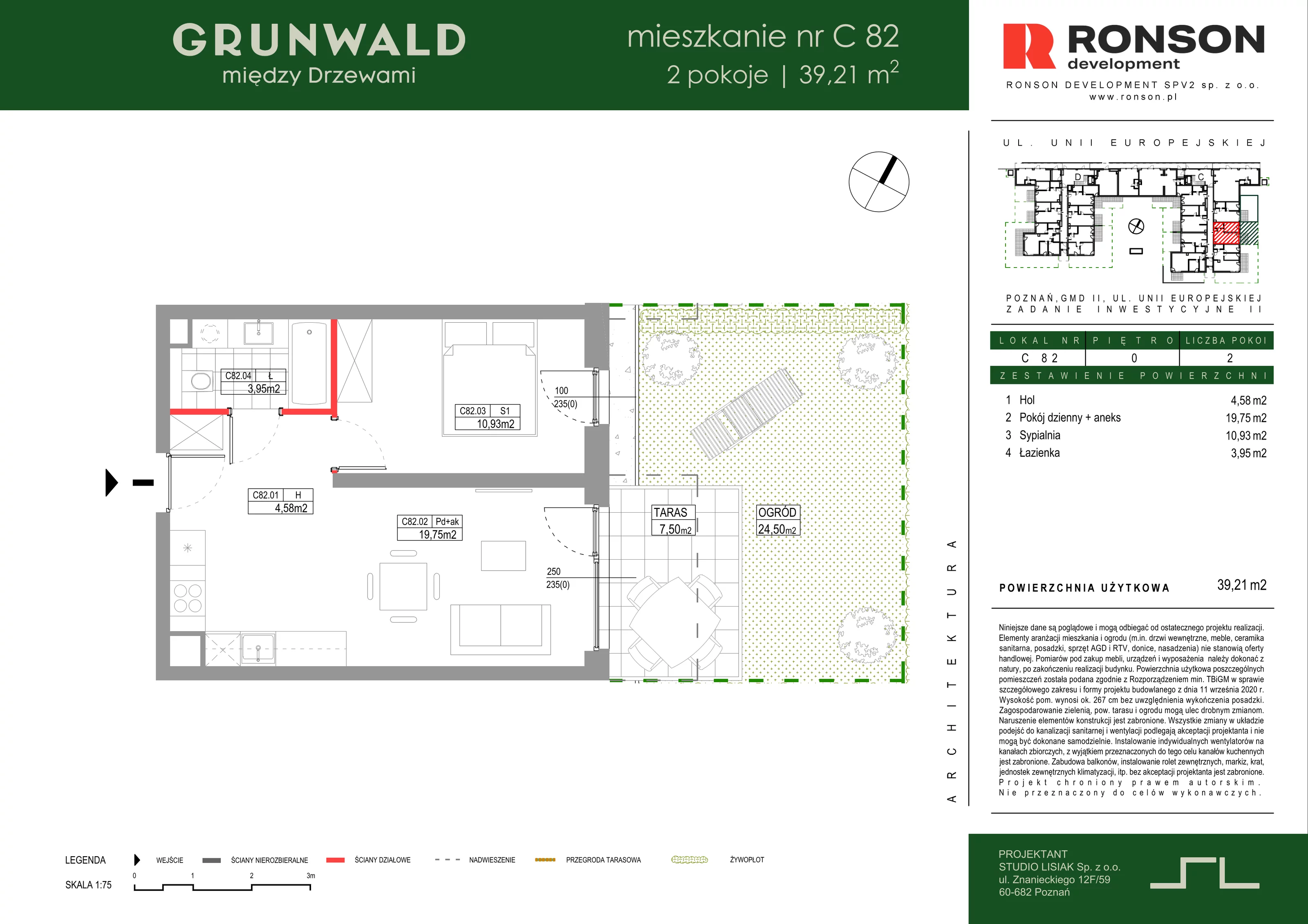 2 pokoje, mieszkanie 39,21 m², parter, oferta nr C082, Grunwald Między Drzewami 3, Poznań, Grunwald, Grunwald Południe, ul. Unii Europejskiej / Smardzewska