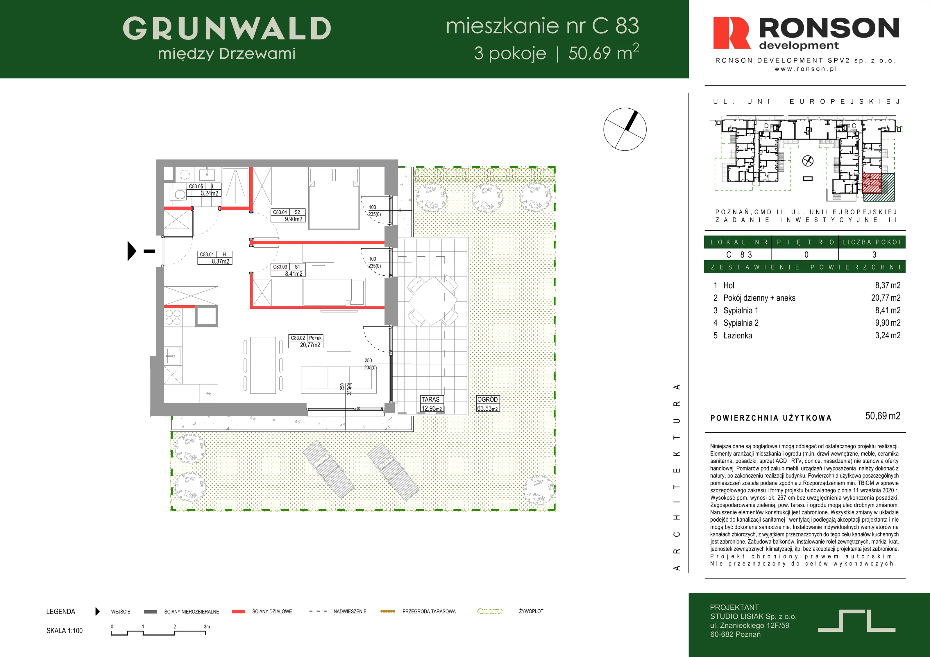 3 pokoje, mieszkanie 50,69 m², parter, oferta nr C083, Grunwald Między Drzewami 3, Poznań, Grunwald, Grunwald Południe, ul. Unii Europejskiej / Smardzewska