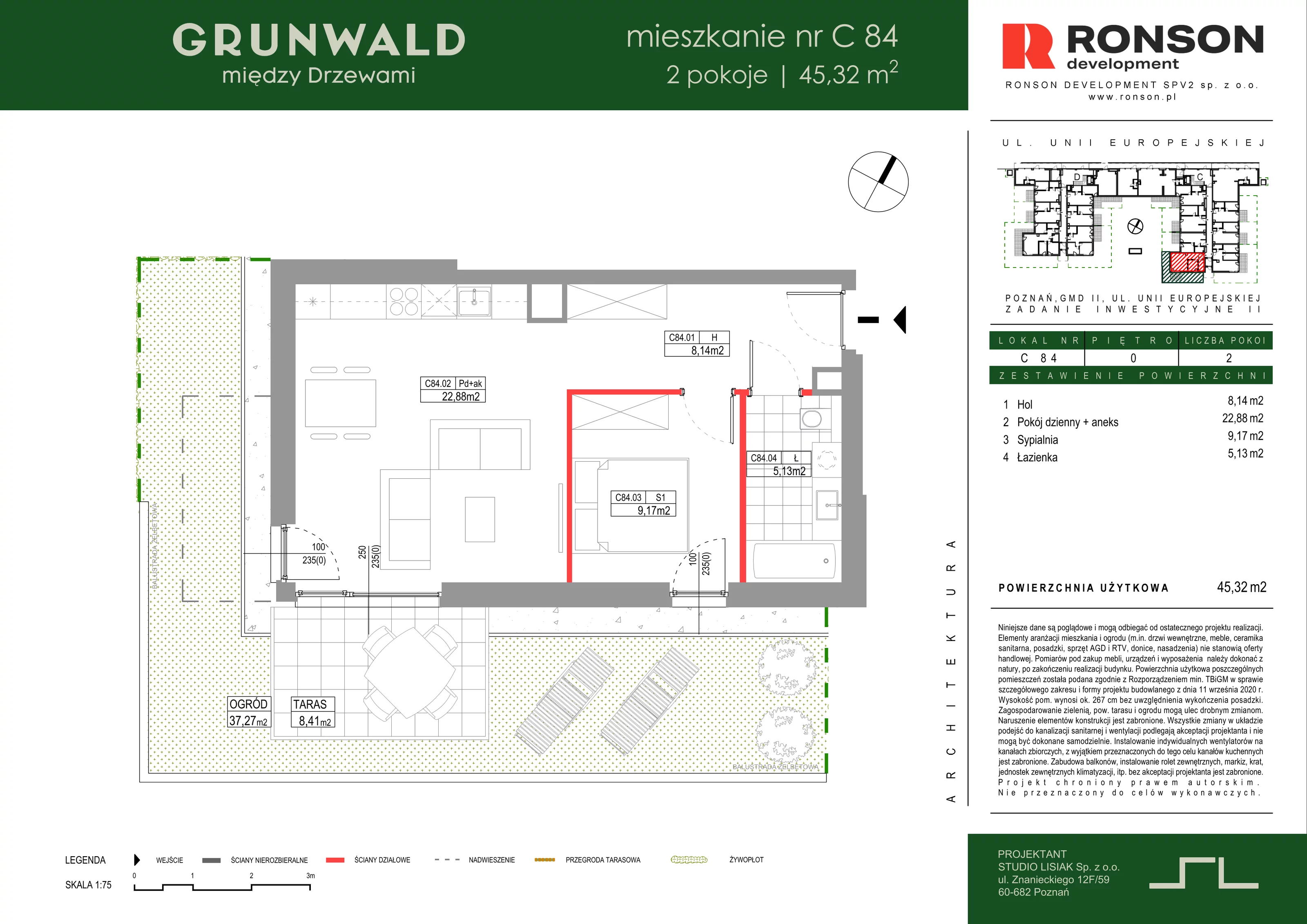 2 pokoje, mieszkanie 45,32 m², parter, oferta nr C084, Grunwald Między Drzewami 3, Poznań, Grunwald, Grunwald Południe, ul. Unii Europejskiej / Smardzewska