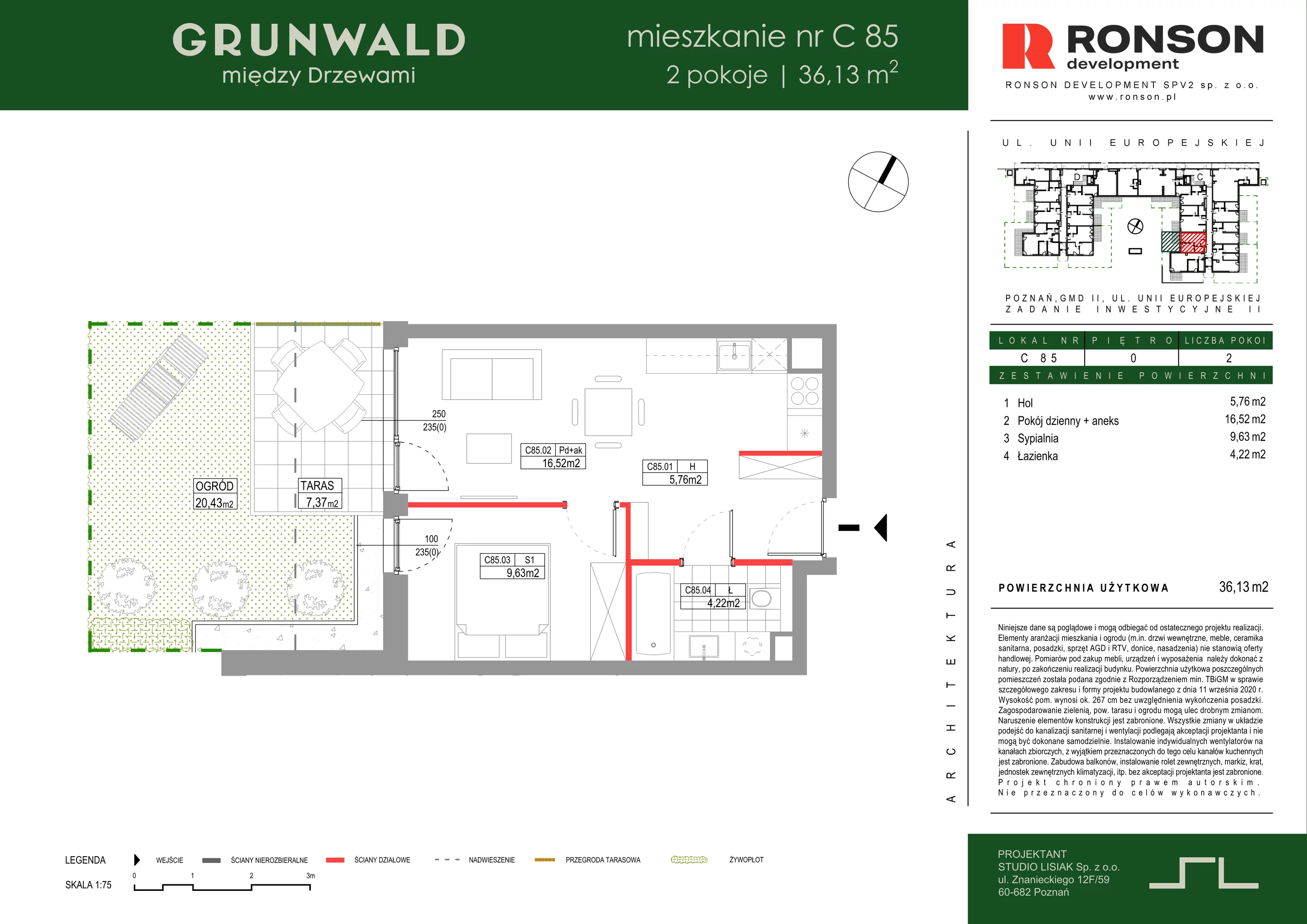2 pokoje, mieszkanie 36,13 m², parter, oferta nr C085, Grunwald Między Drzewami 3, Poznań, Grunwald, Grunwald Południe, ul. Unii Europejskiej / Smardzewska