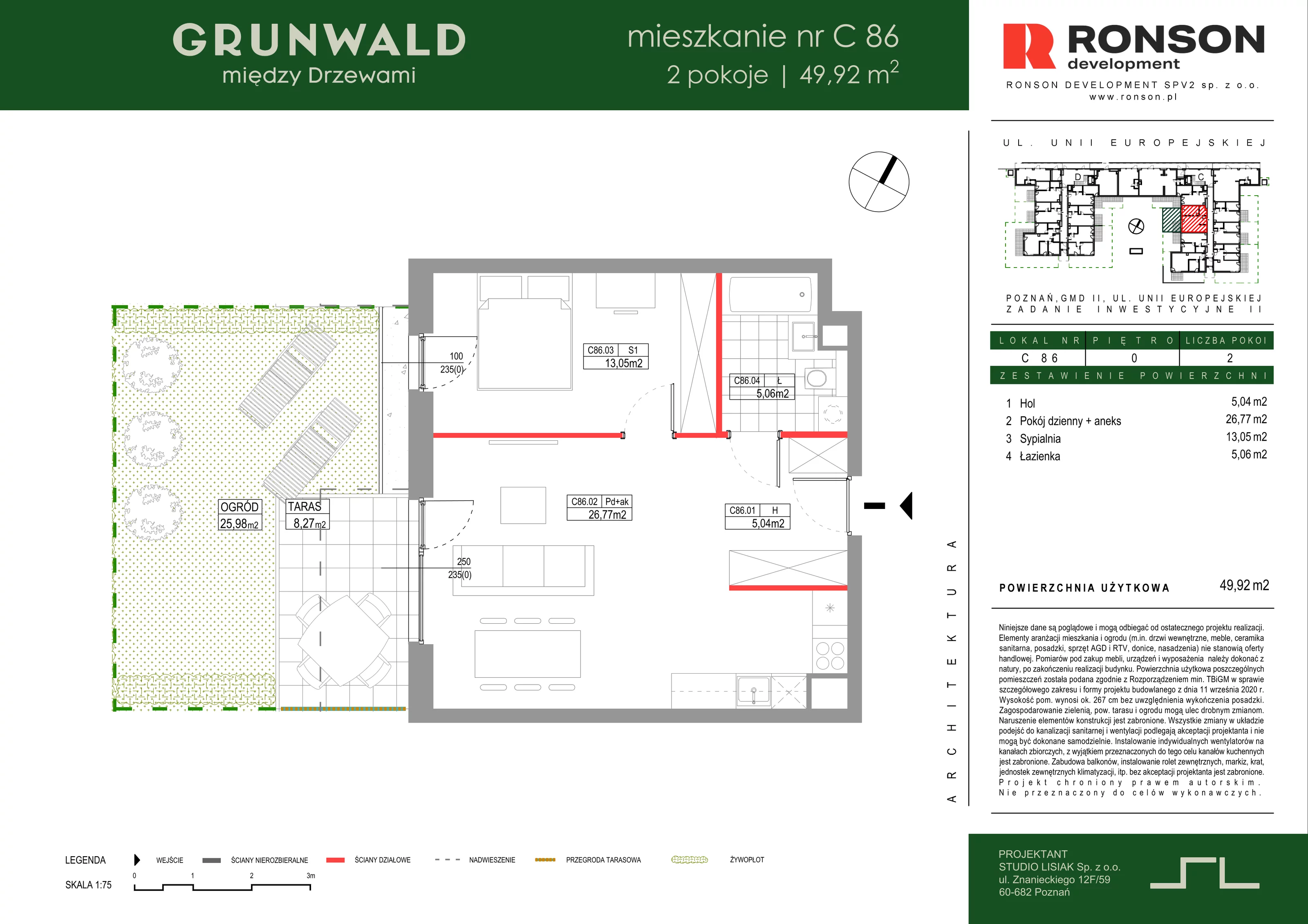 2 pokoje, mieszkanie 49,92 m², parter, oferta nr C086, Grunwald Między Drzewami 3, Poznań, Grunwald, Grunwald Południe, ul. Unii Europejskiej / Smardzewska