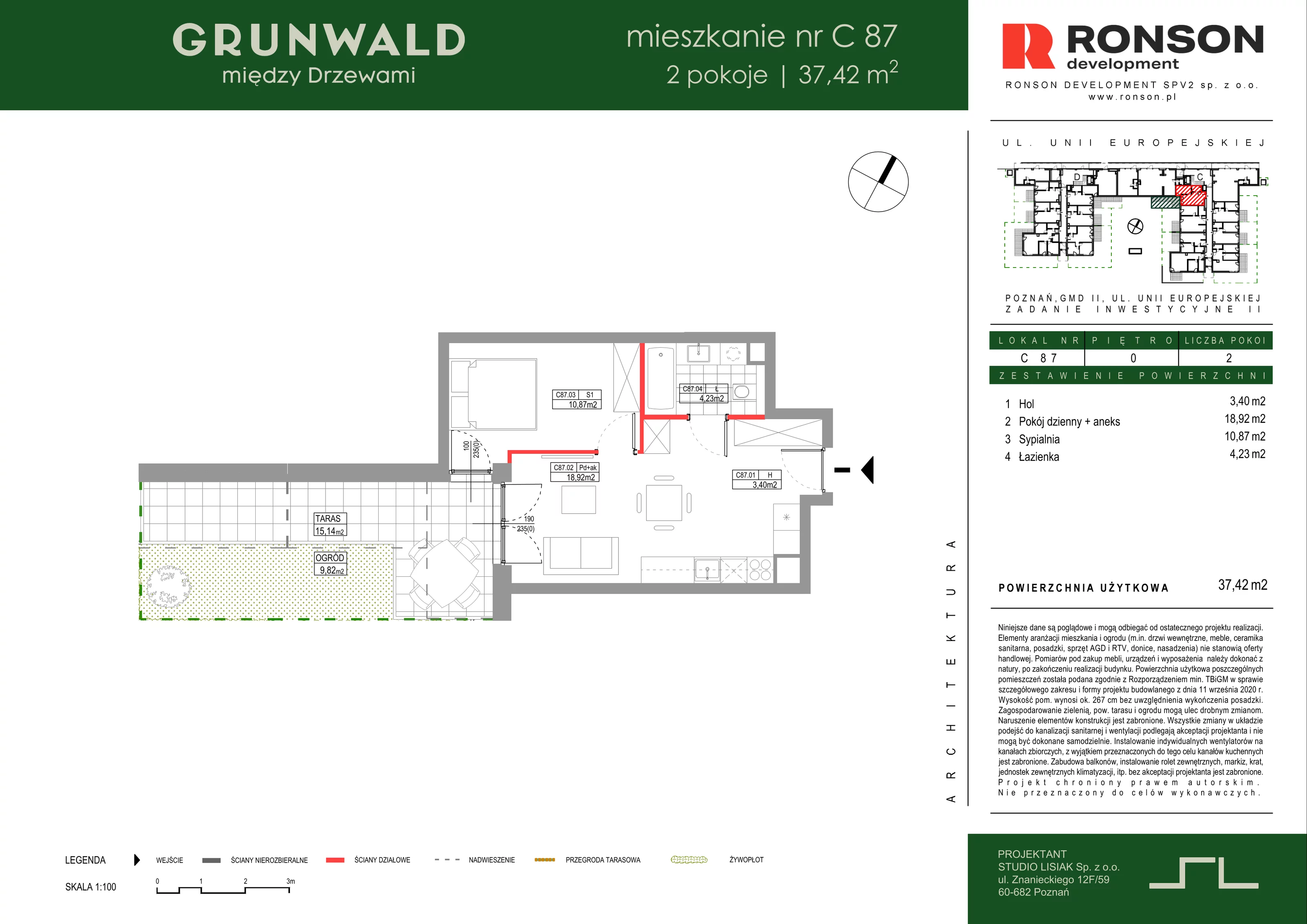 2 pokoje, mieszkanie 37,42 m², parter, oferta nr C087, Grunwald Między Drzewami 3, Poznań, Grunwald, Grunwald Południe, ul. Unii Europejskiej / Smardzewska