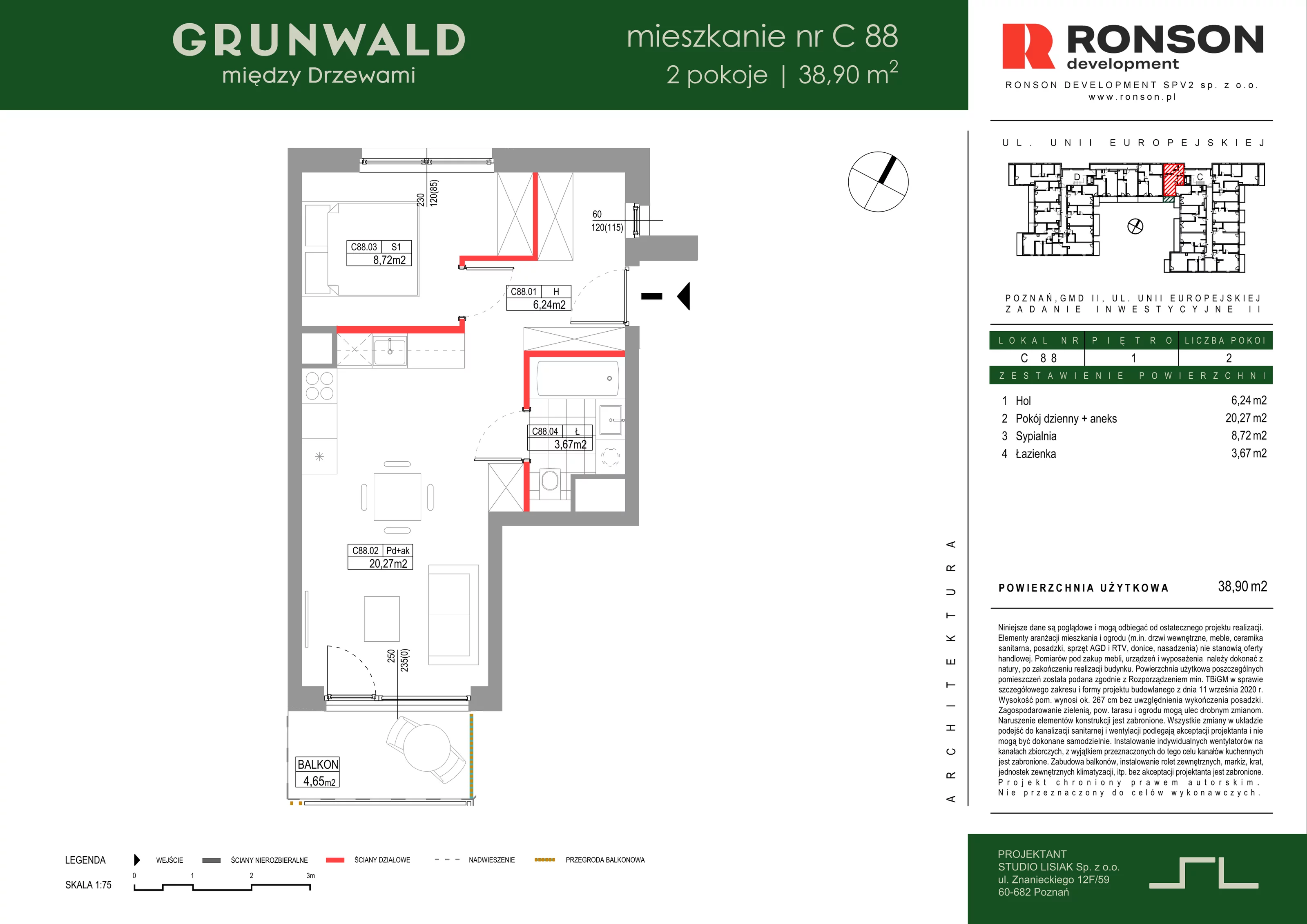 2 pokoje, mieszkanie 38,90 m², piętro 1, oferta nr C088, Grunwald Między Drzewami 3, Poznań, Grunwald, Grunwald Południe, ul. Unii Europejskiej / Smardzewska
