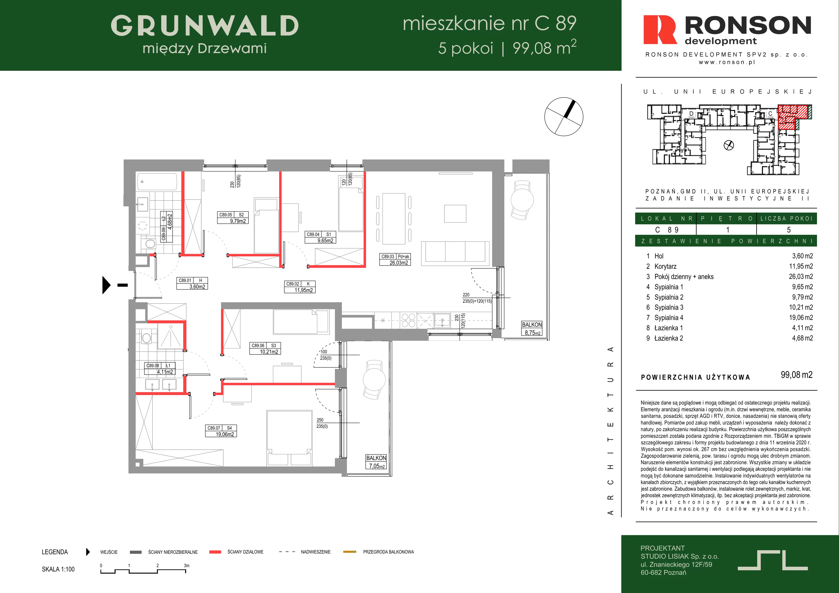 5 pokoi, mieszkanie 99,08 m², piętro 1, oferta nr C089, Grunwald Między Drzewami 3, Poznań, Grunwald, Grunwald Południe, ul. Unii Europejskiej / Smardzewska
