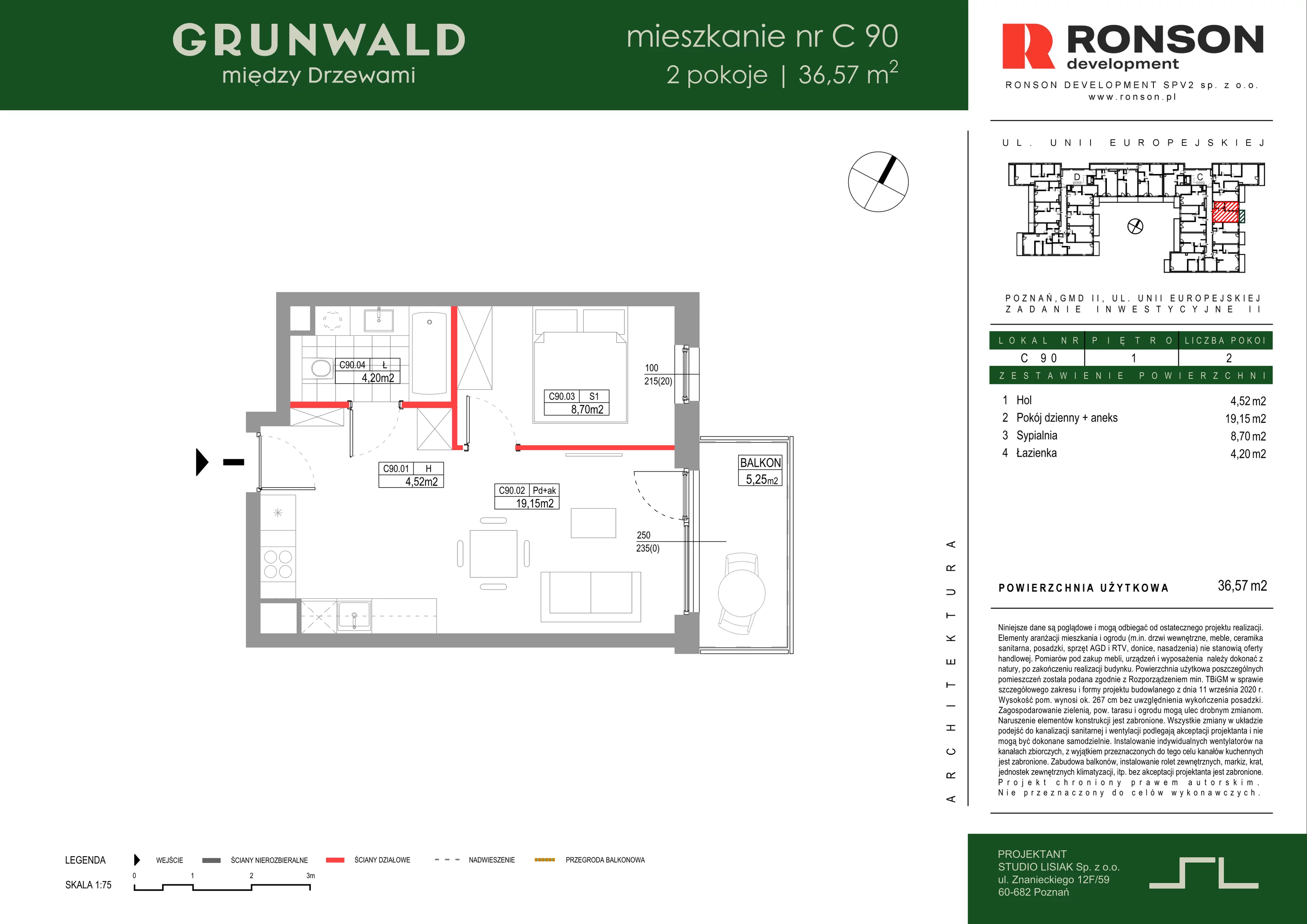 2 pokoje, mieszkanie 36,57 m², piętro 1, oferta nr C090, Grunwald Między Drzewami 3, Poznań, Grunwald, Grunwald Południe, ul. Unii Europejskiej / Smardzewska