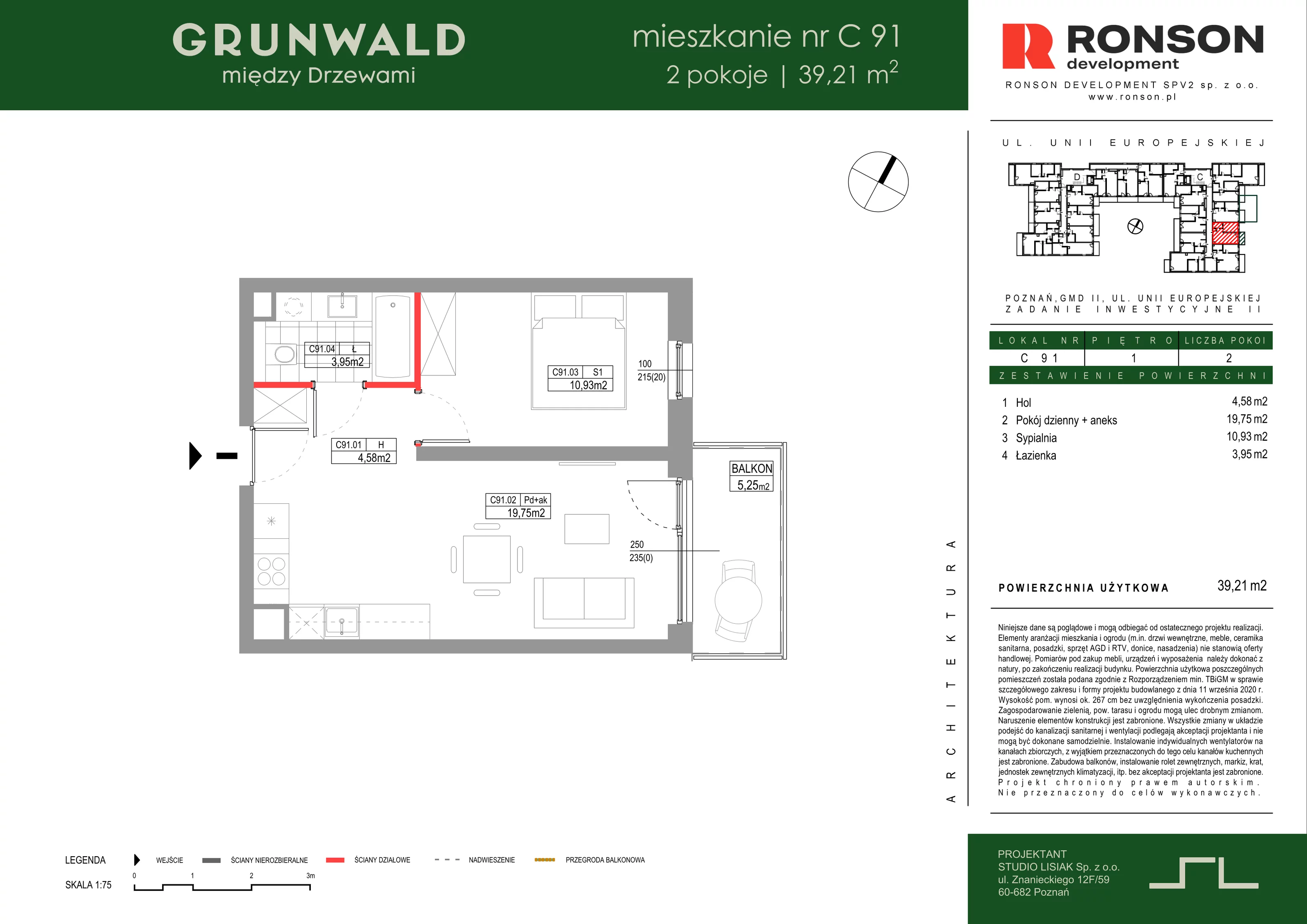 2 pokoje, mieszkanie 39,21 m², piętro 1, oferta nr C091, Grunwald Między Drzewami 3, Poznań, Grunwald, Grunwald Południe, ul. Unii Europejskiej / Smardzewska
