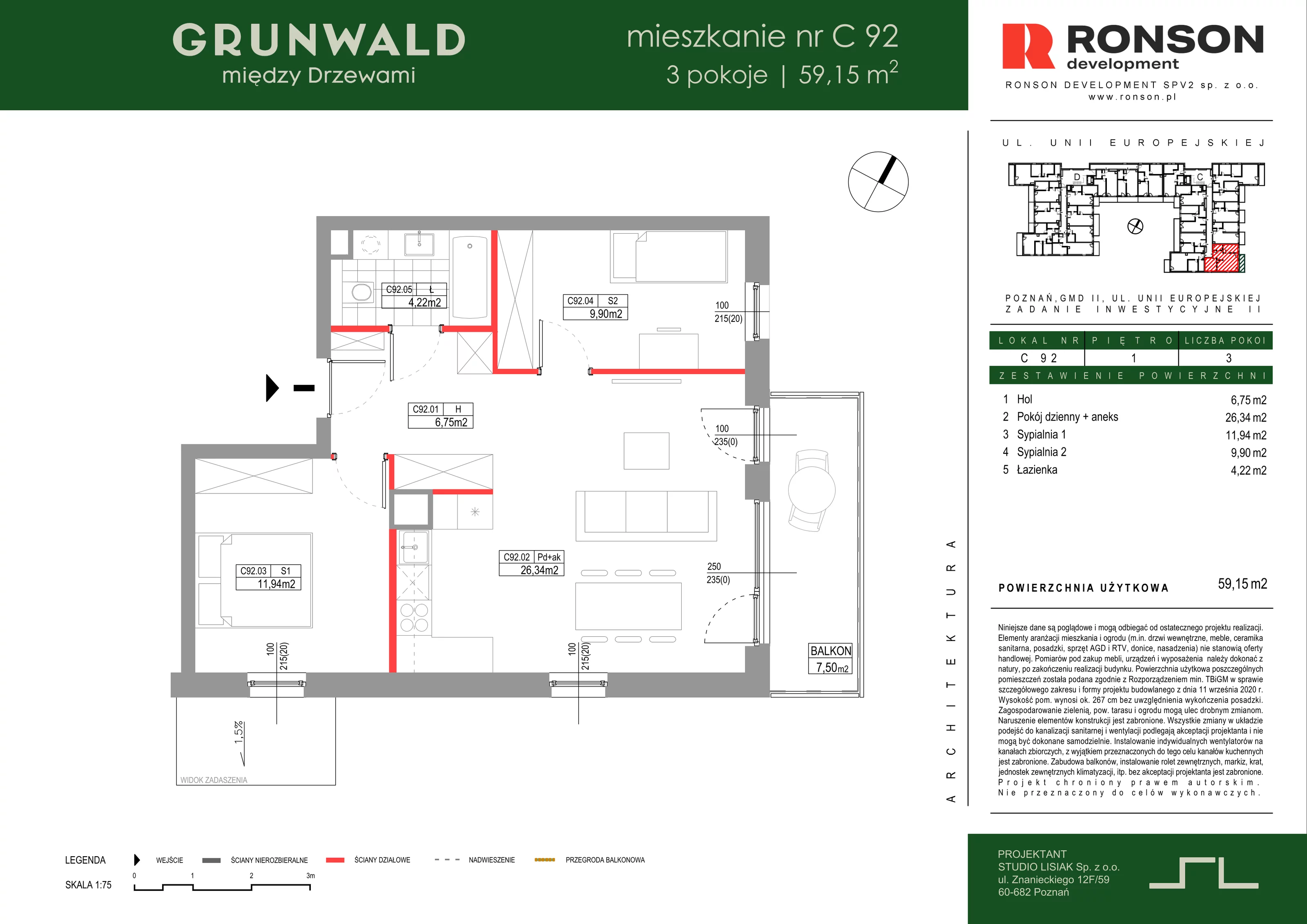 3 pokoje, mieszkanie 59,15 m², piętro 1, oferta nr C092, Grunwald Między Drzewami 3, Poznań, Grunwald, Grunwald Południe, ul. Unii Europejskiej / Smardzewska