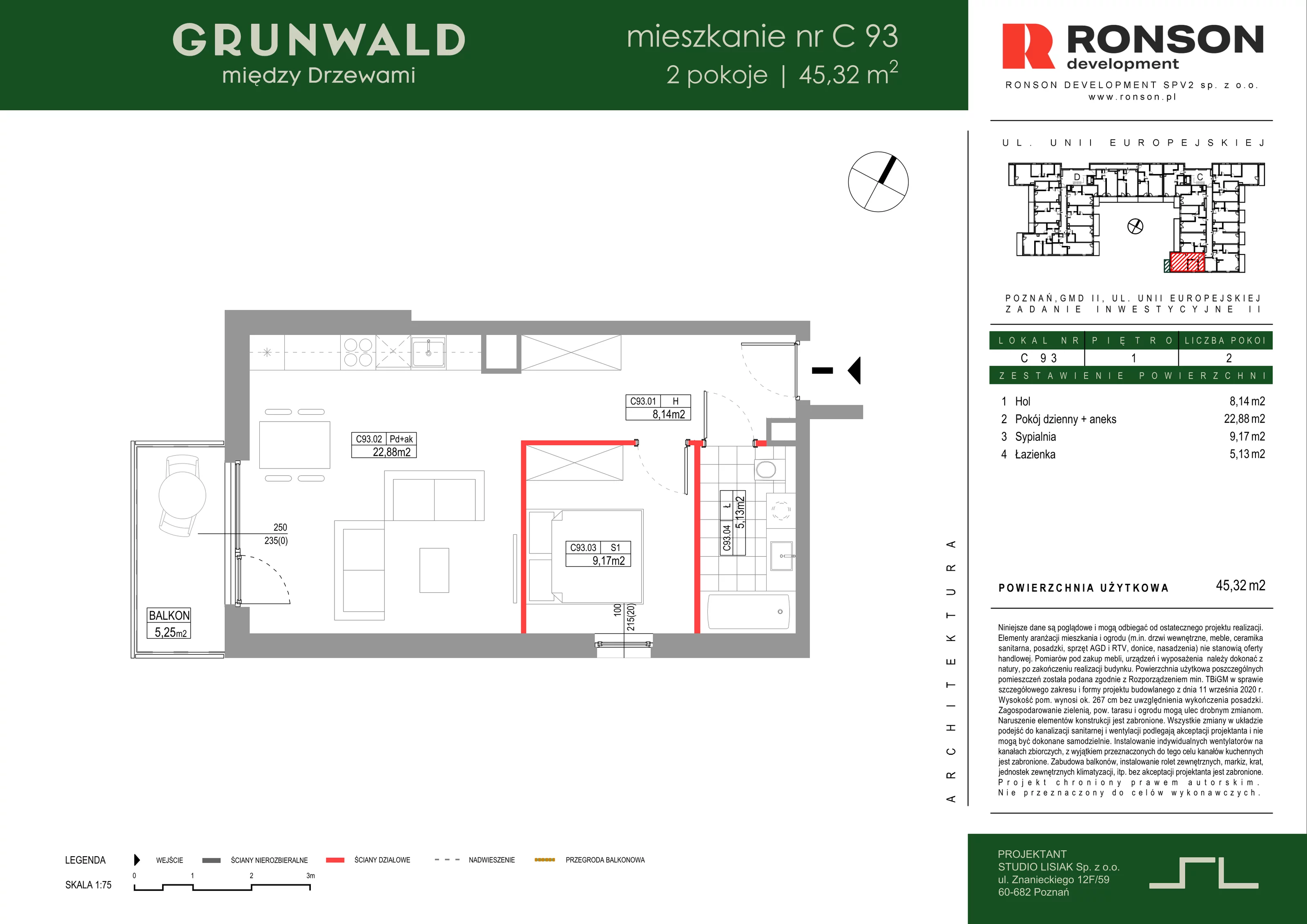 2 pokoje, mieszkanie 45,32 m², piętro 1, oferta nr C093, Grunwald Między Drzewami 3, Poznań, Grunwald, Grunwald Południe, ul. Unii Europejskiej / Smardzewska
