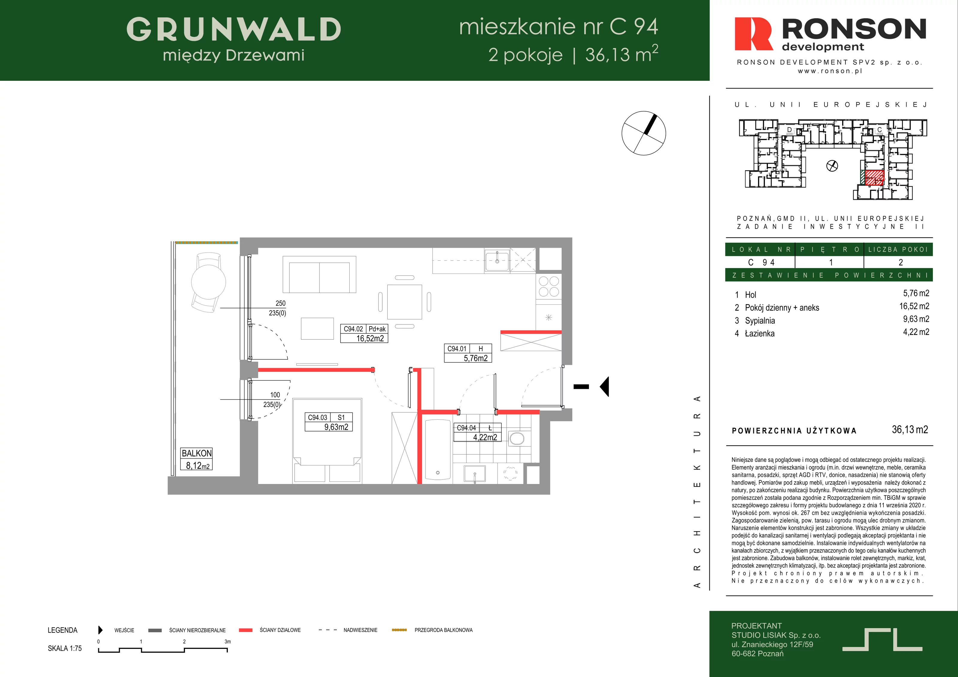 2 pokoje, mieszkanie 36,13 m², piętro 1, oferta nr C094, Grunwald Między Drzewami 3, Poznań, Grunwald, Grunwald Południe, ul. Unii Europejskiej / Smardzewska